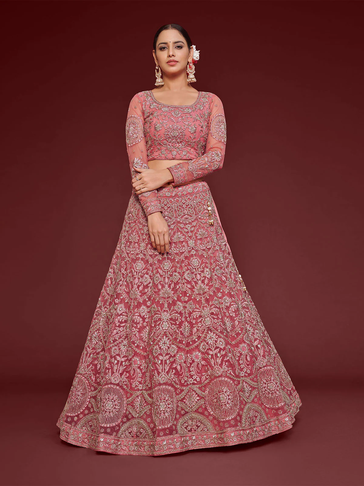 Odette Pink Soft Net Embellished Semi Stitched Lehenga With Unstitched Blouse For Women - Image 4