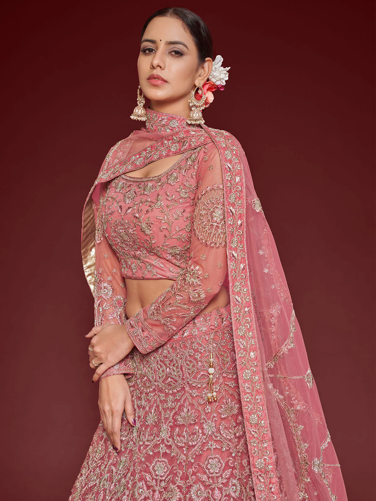 Odette Pink Soft Net Embellished Semi Stitched Lehenga With Unstitched Blouse For Women - Image 5