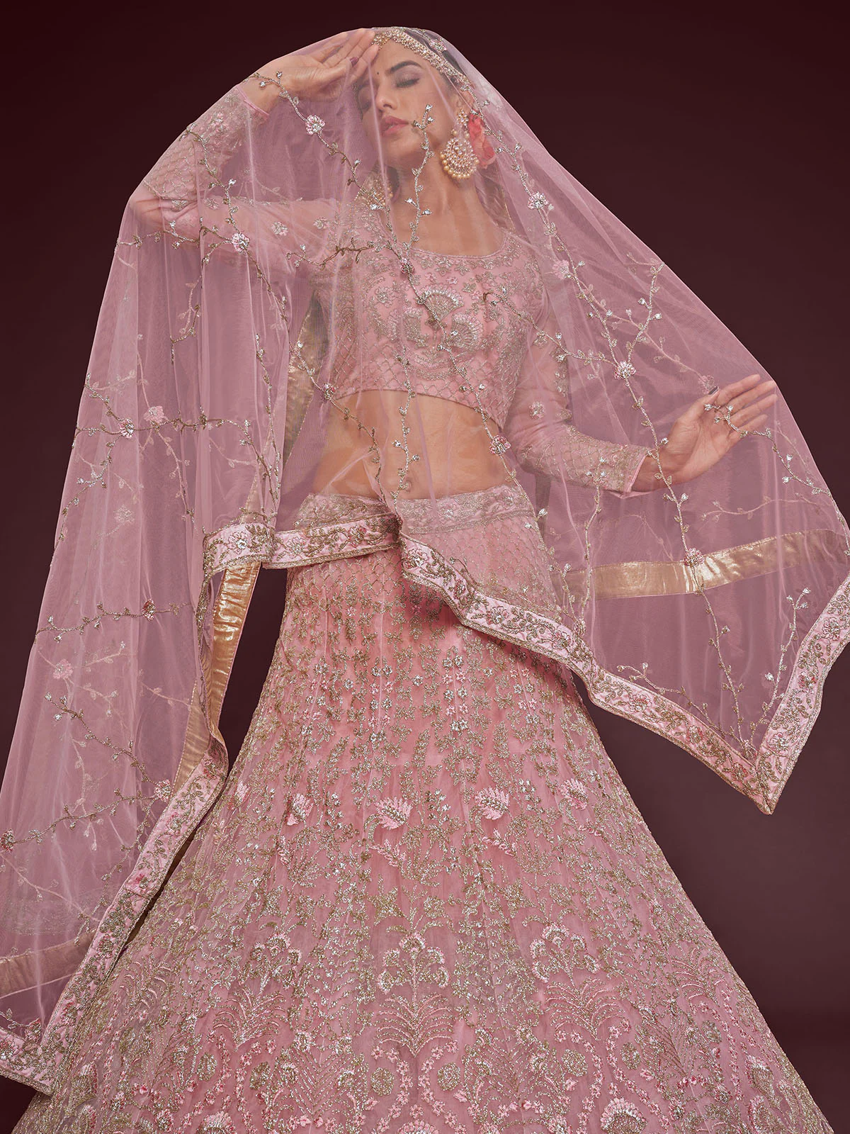 Odette Pink Soft Net Embellished Semi Stitched Lehenga With Unstitched Blouse For Women - Image 2