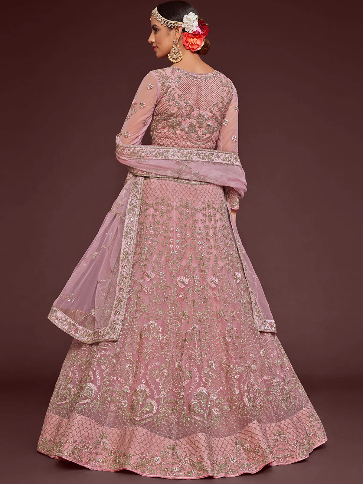 Odette Pink Soft Net Embellished Semi Stitched Lehenga With Unstitched Blouse For Women - Image 3