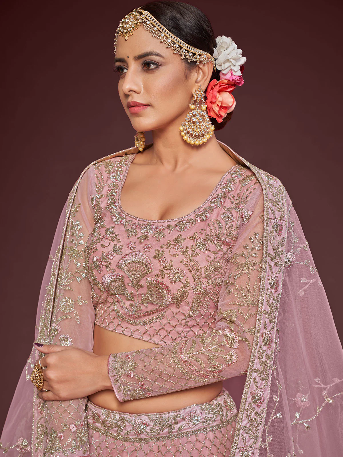 Odette Pink Soft Net Embellished Semi Stitched Lehenga With Unstitched Blouse For Women - Image 5
