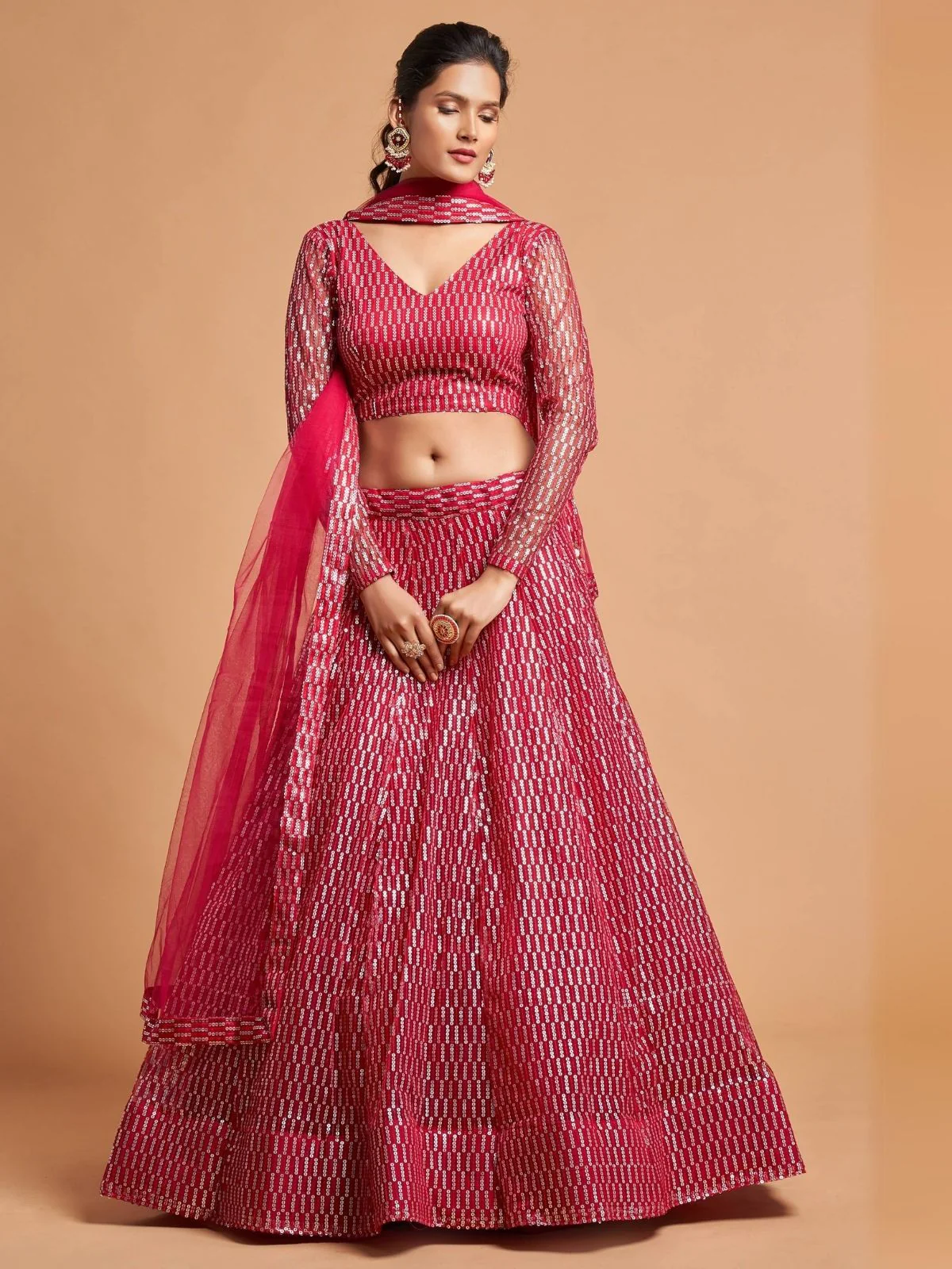 Odette Pink Soft Net Embroidered Semi Stitched Lehenga With Blouse For Women - Image 2