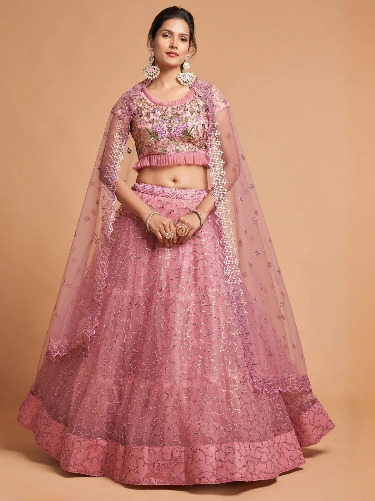 Odette Pink Soft Net Embroidered Semi Stitched Lehenga With Blouse For Women - Image 2