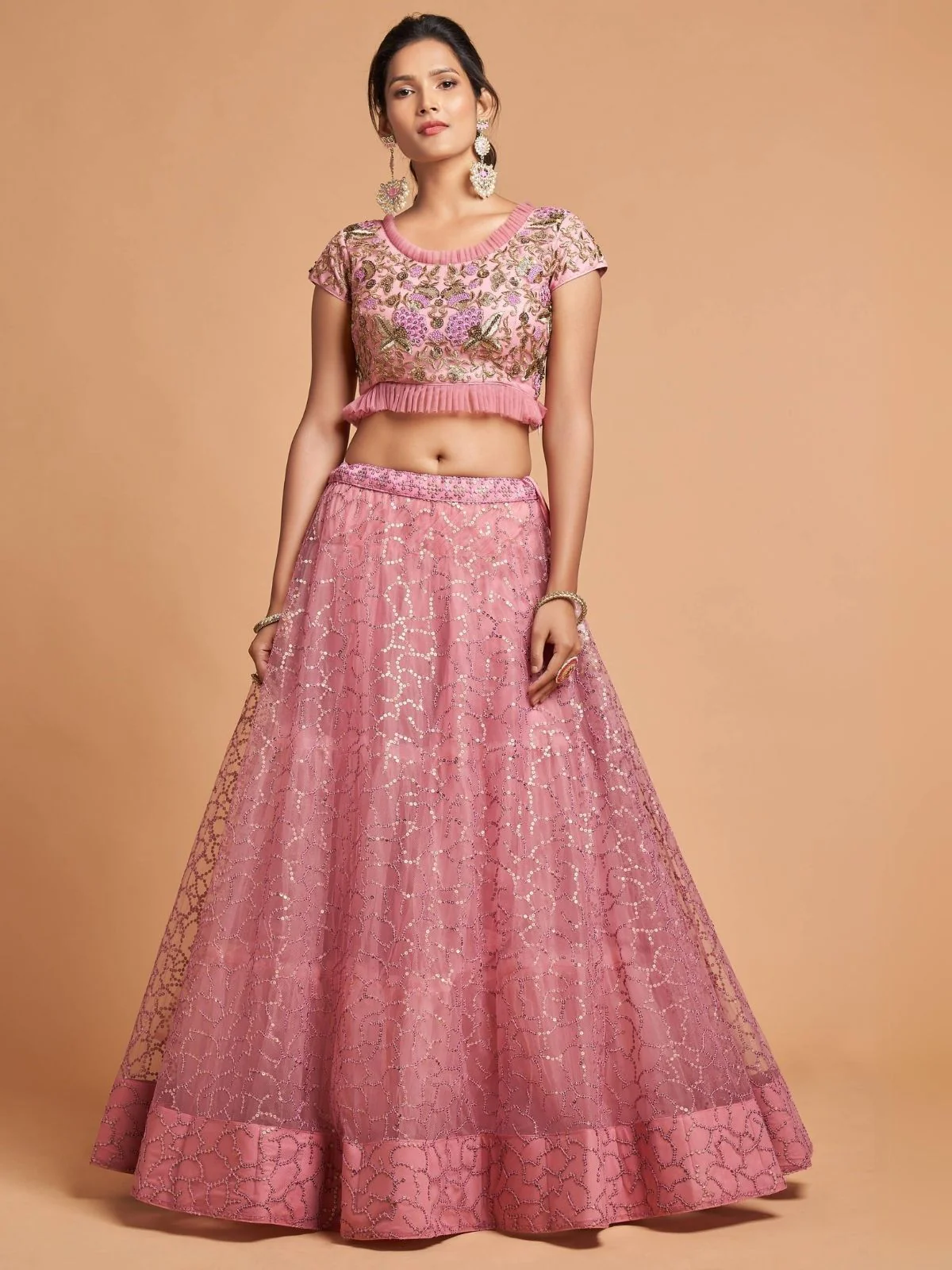 Odette Pink Soft Net Embroidered Semi Stitched Lehenga With Blouse For Women - Image 3