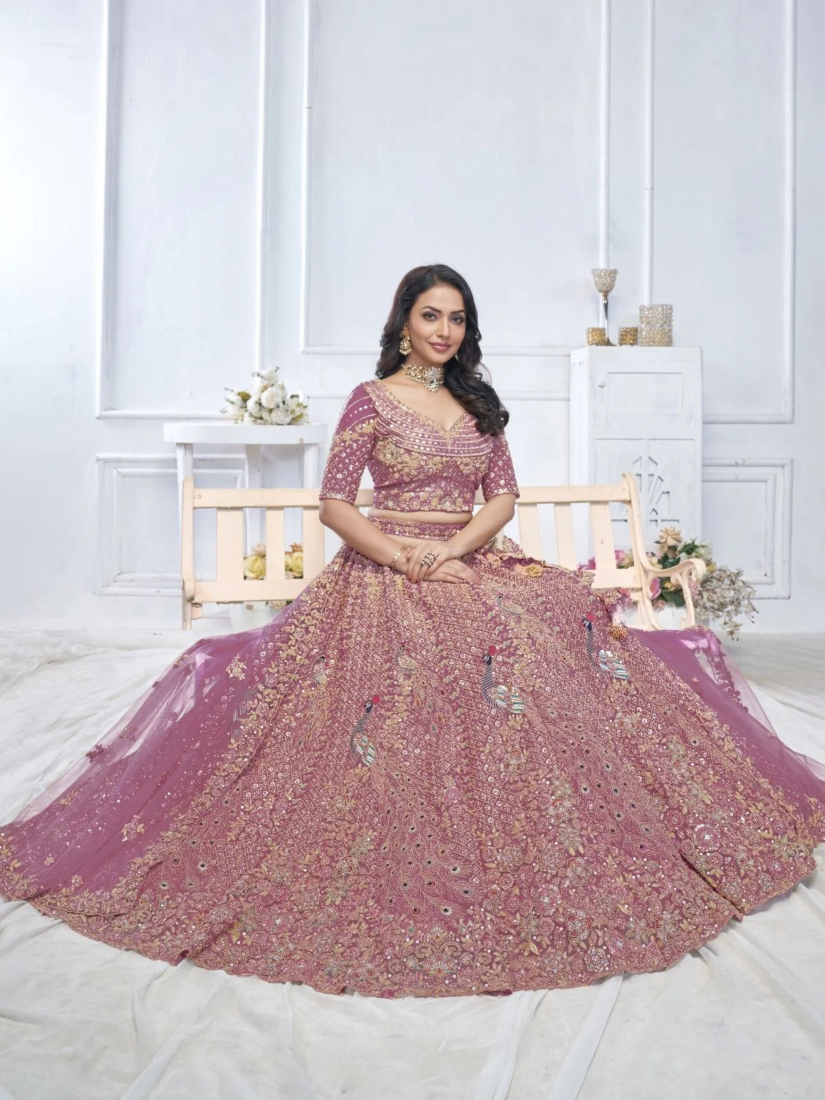 Odette Pink Soft Net Embroidered Semi-Stitched Lehenga With Unstitched Blouse For Women - Image 4