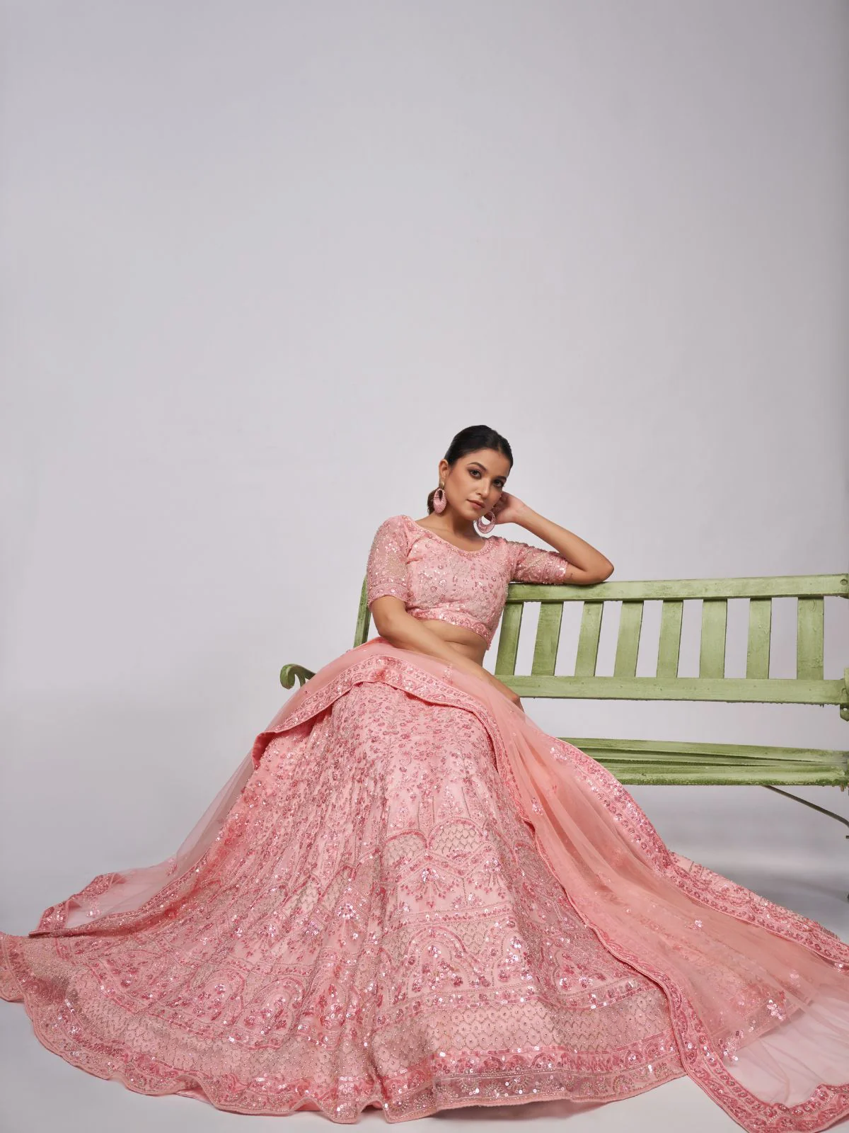 Odette Peach Soft Net Embroidered Semi Stitched Lehenga With Unstitched Blouse For Women - Image 2