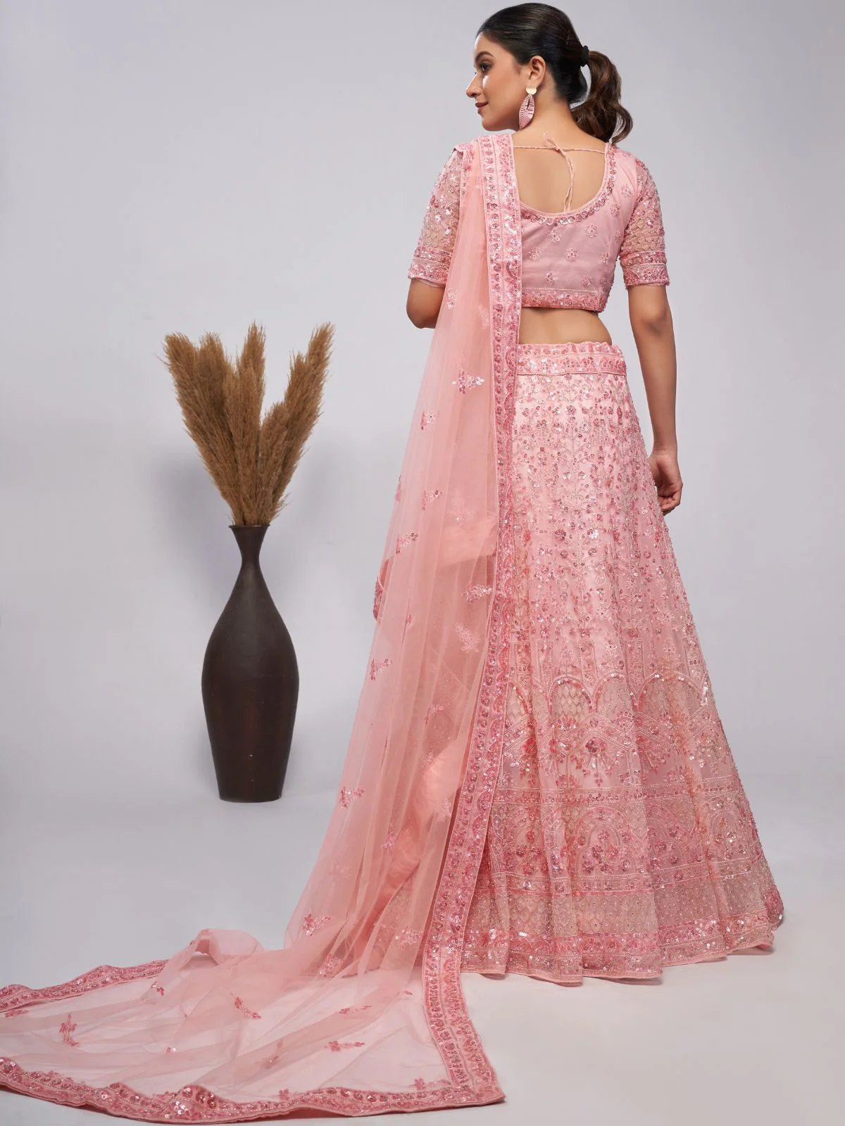 Odette Peach Soft Net Embroidered Semi Stitched Lehenga With Unstitched Blouse For Women - Image 5