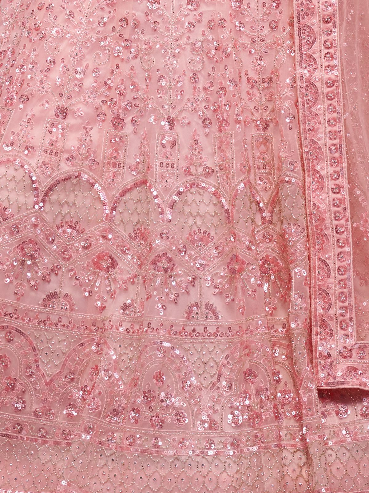 Odette Peach Soft Net Embroidered Semi Stitched Lehenga With Unstitched Blouse For Women - Image 6