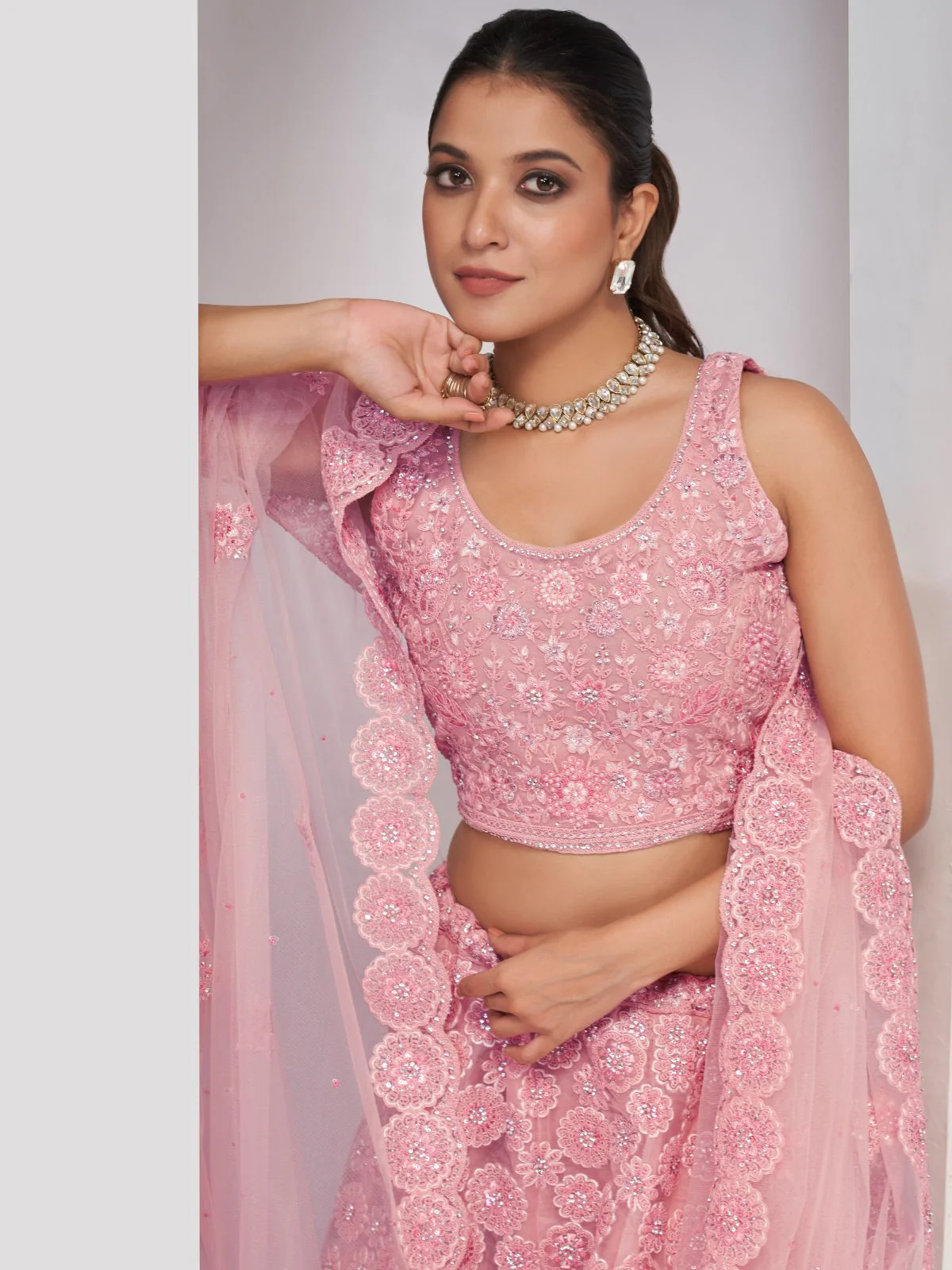 Odette Pink Soft Net Embroidered Semi Stitched Lehenga With Unstitched Blouse For Women - Image 4