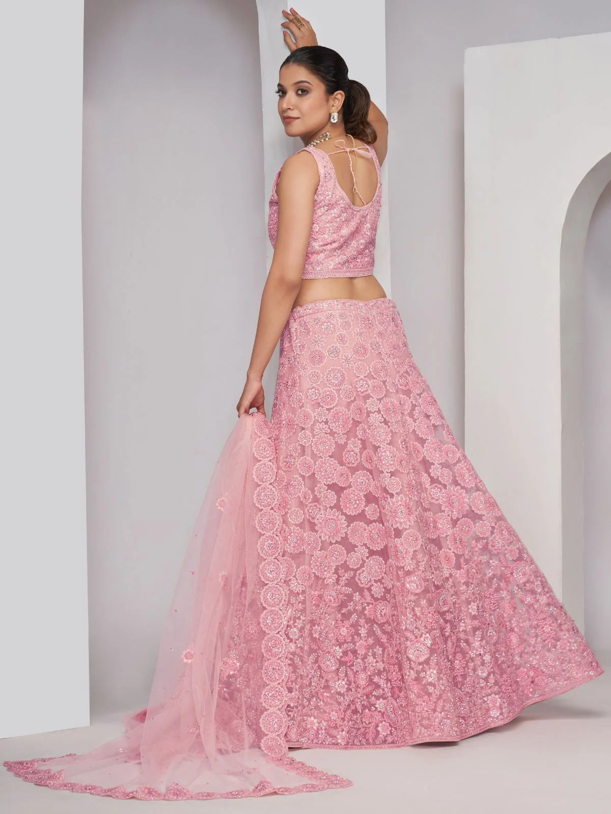 Odette Pink Soft Net Embroidered Semi Stitched Lehenga With Unstitched Blouse For Women - Image 5