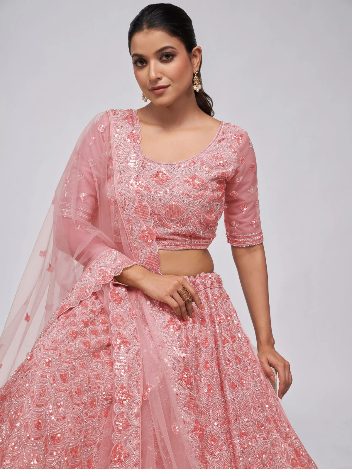 Odette Pink Soft Net Embroidered Semi Stitched Lehenga With Unstitched Blouse For Women - Image 3