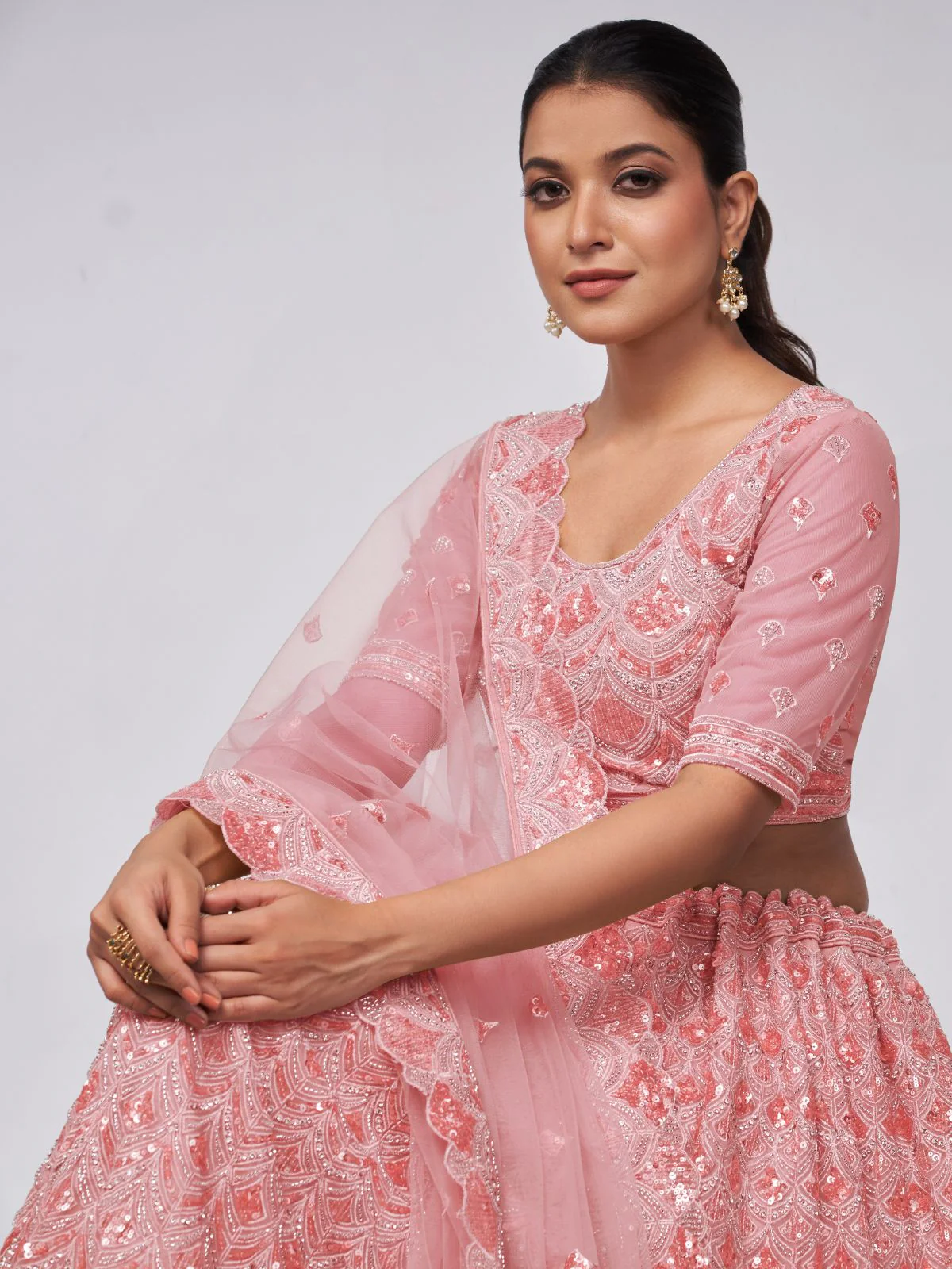 Odette Pink Soft Net Embroidered Semi Stitched Lehenga With Unstitched Blouse For Women - Image 4