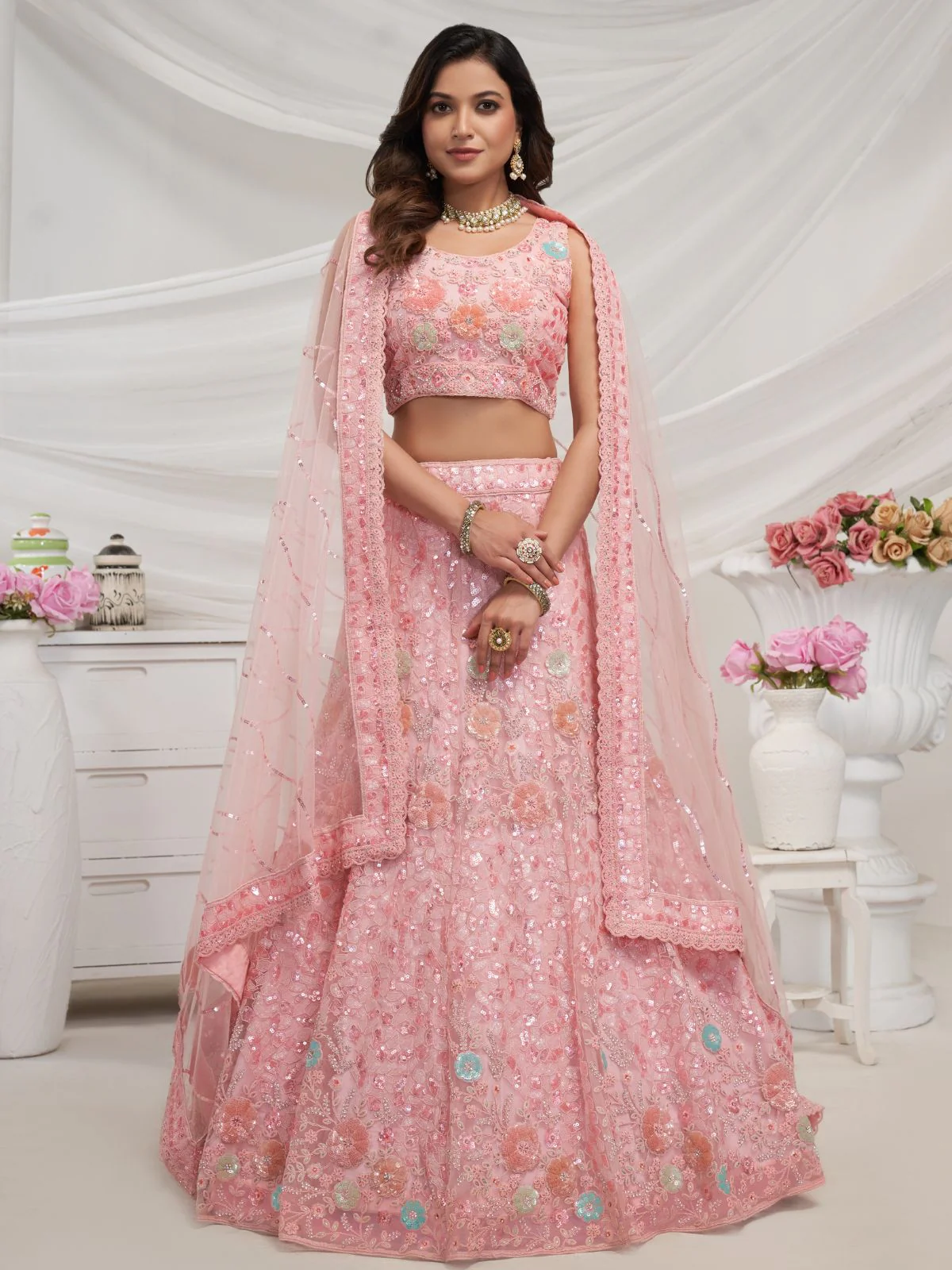Odette Pink Soft Net Embroidered Semi Stitched Lehenga With Unstitched Blouse For Women - Image 2