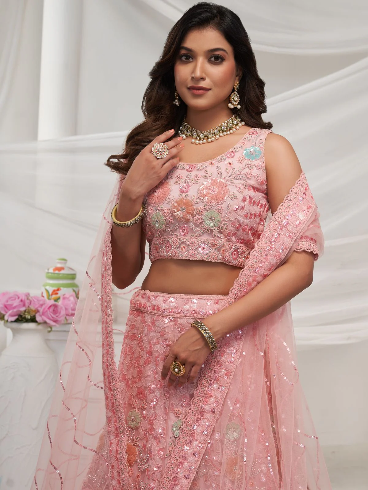 Odette Pink Soft Net Embroidered Semi Stitched Lehenga With Unstitched Blouse For Women - Image 3