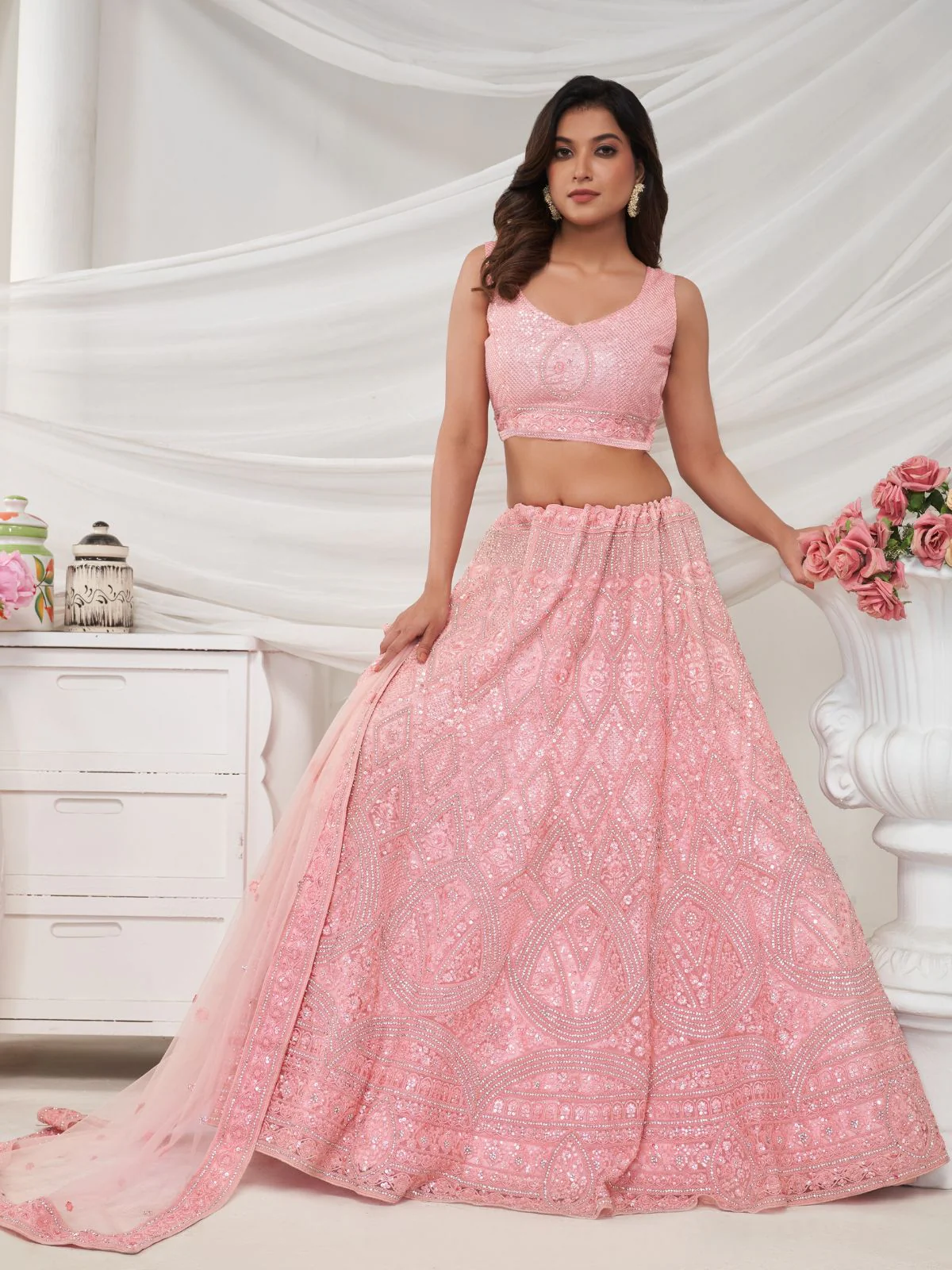 Odette Pink Soft Net Embroidered Semi Stitched Lehenga With Unstitched Blouse For Women - Image 2