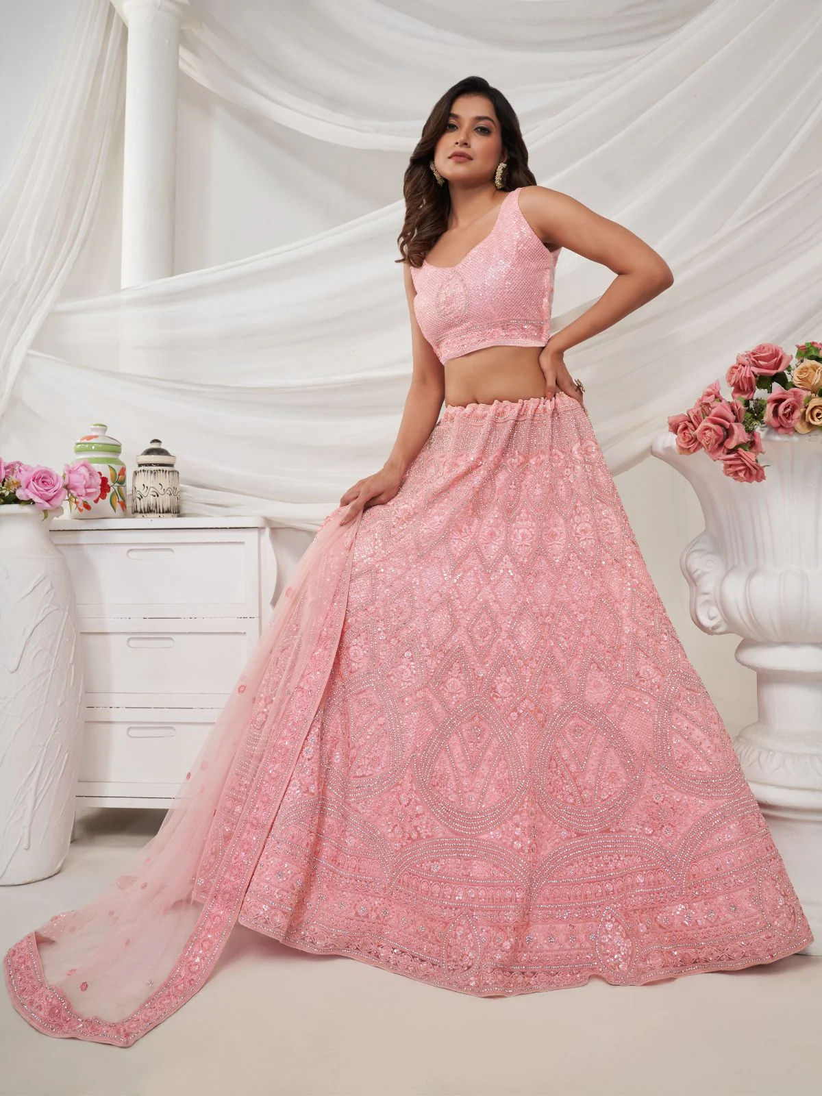 Odette Pink Soft Net Embroidered Semi Stitched Lehenga With Unstitched Blouse For Women - Image 3