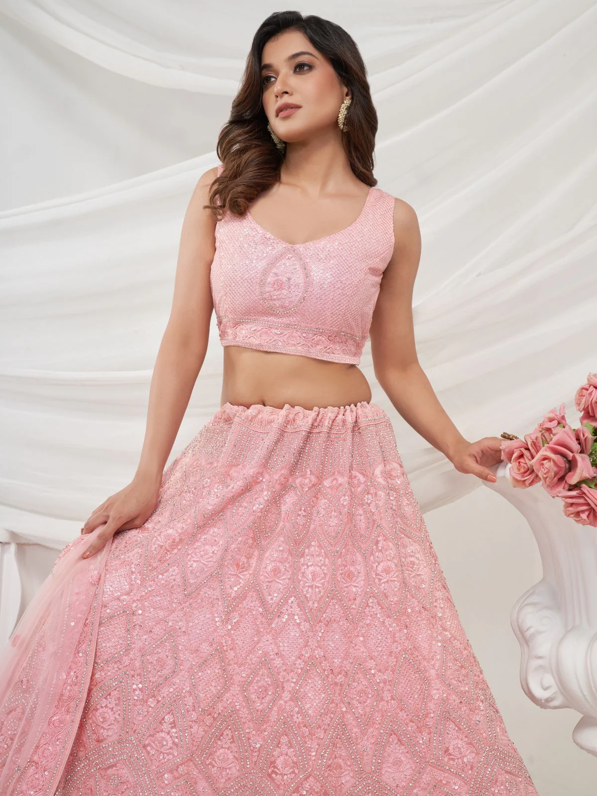 Odette Pink Soft Net Embroidered Semi Stitched Lehenga With Unstitched Blouse For Women - Image 4