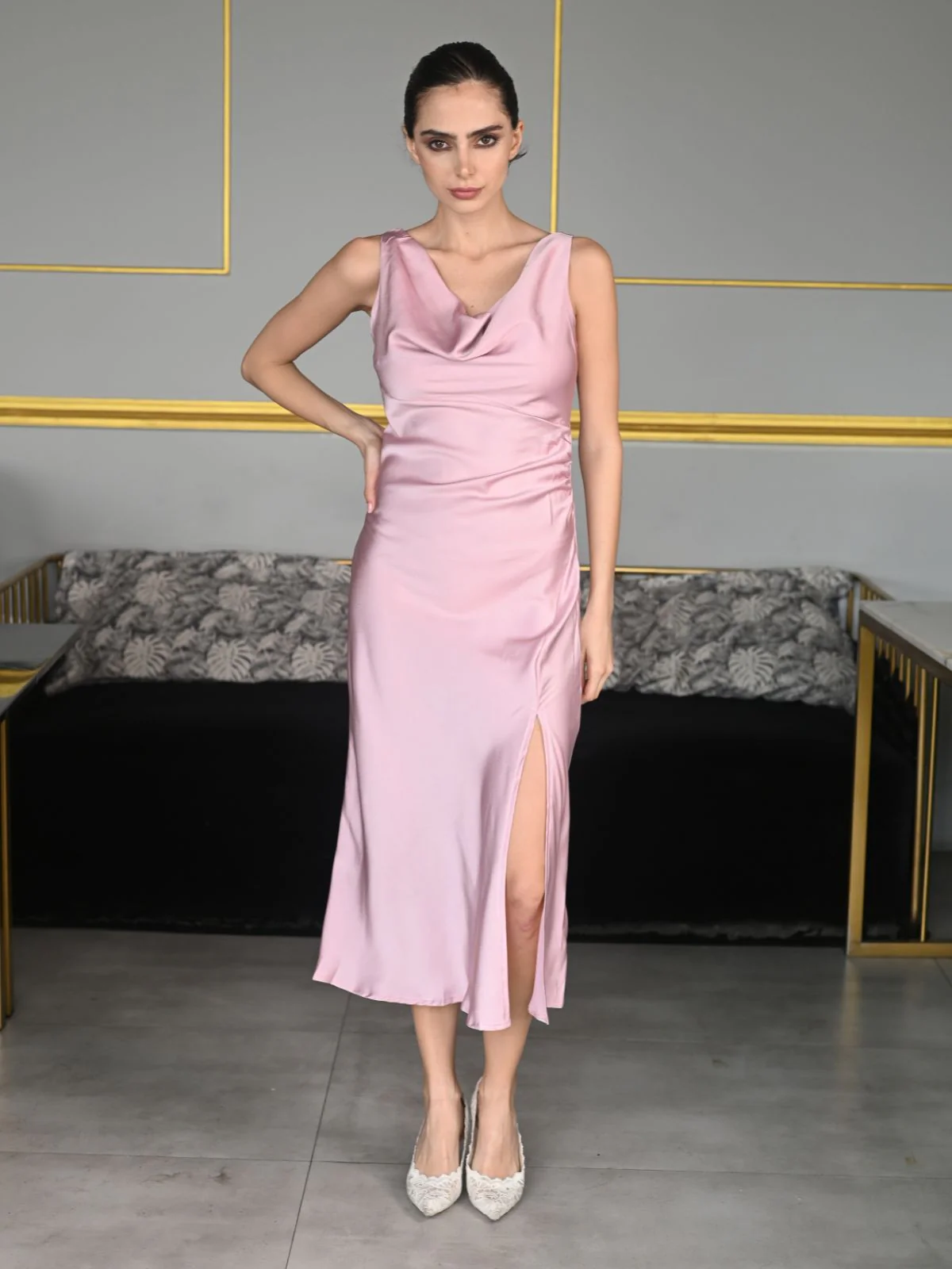 Odette Pink Solid Polyester Satin Western Dress for Women - Image 2