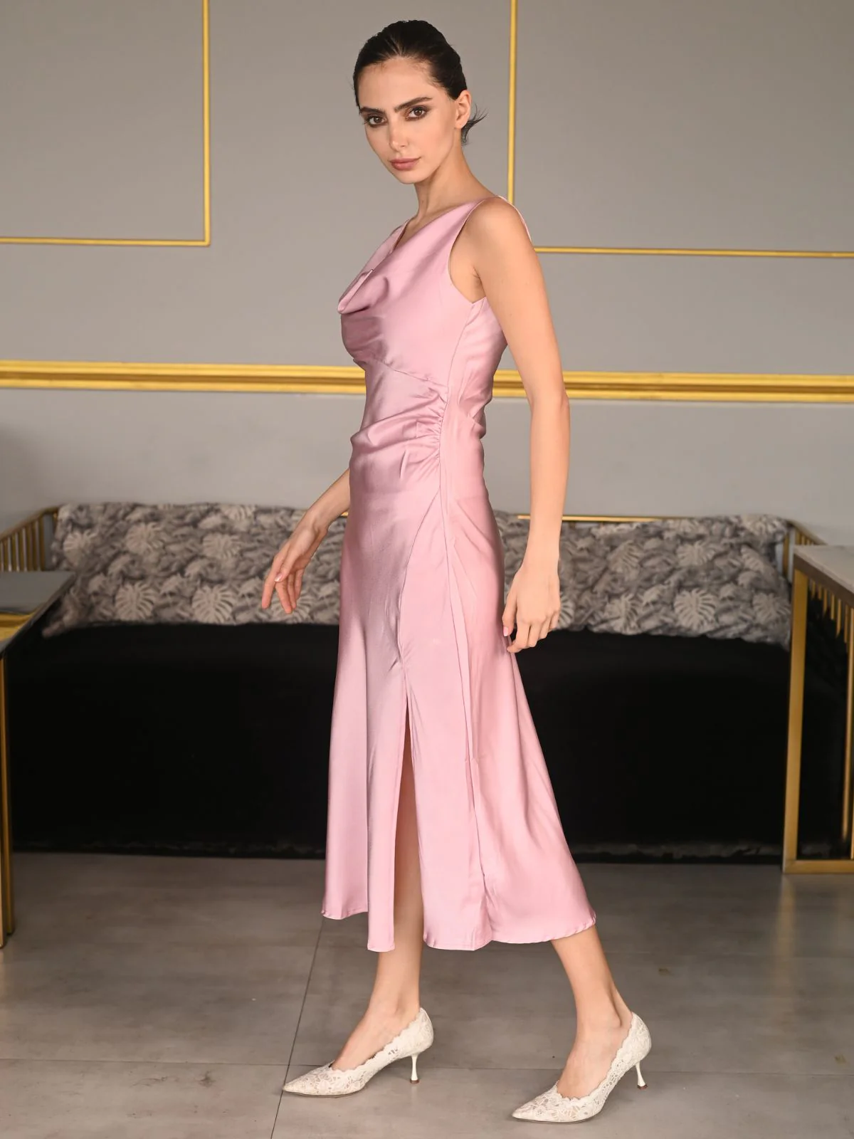 Odette Pink Solid Polyester Satin Western Dress for Women - Image 3