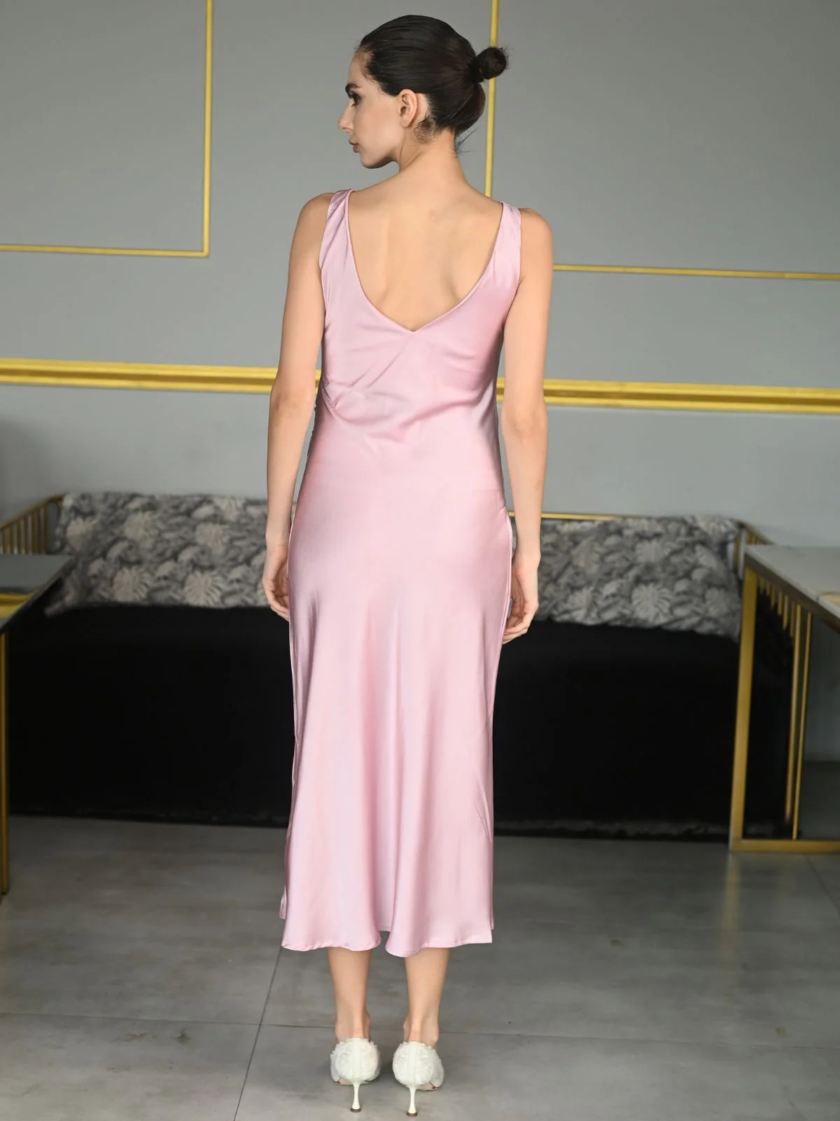 Odette Pink Solid Polyester Satin Western Dress for Women - Image 4