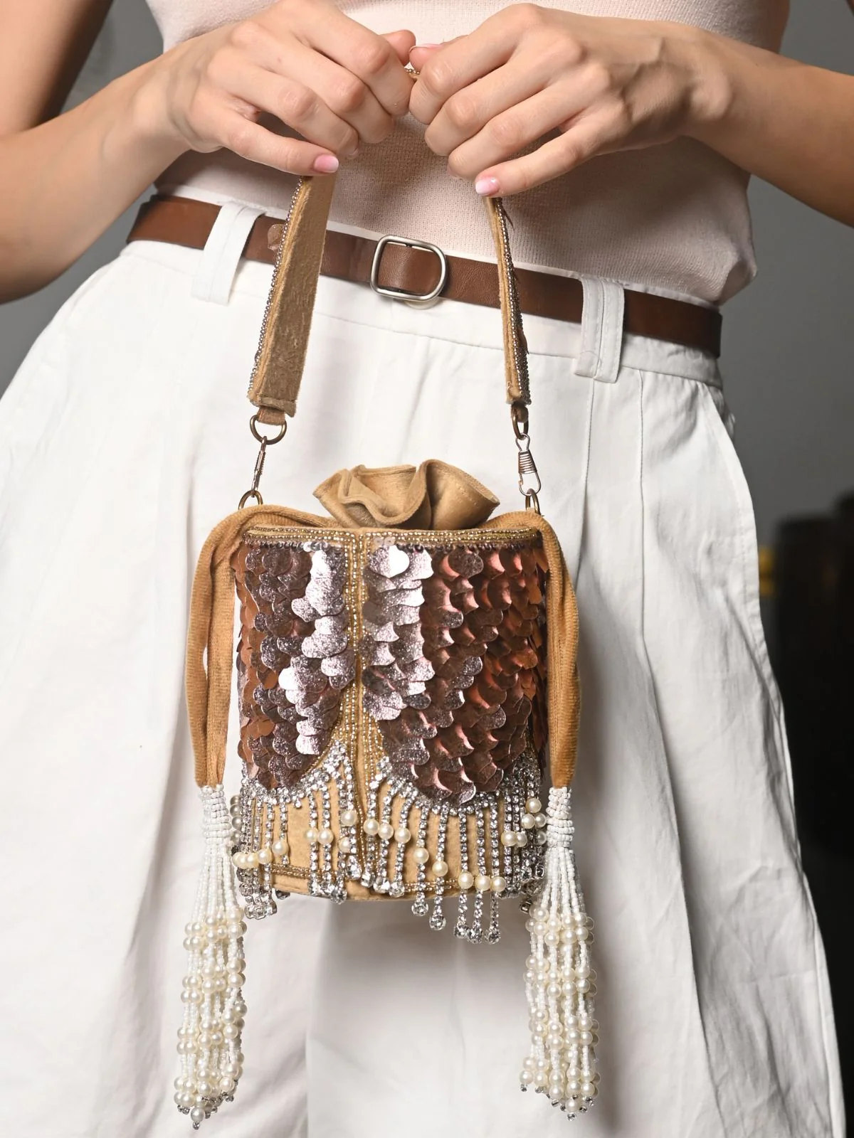 Odette Pink Structured Potli Bag with Tassels For Women - Image 3