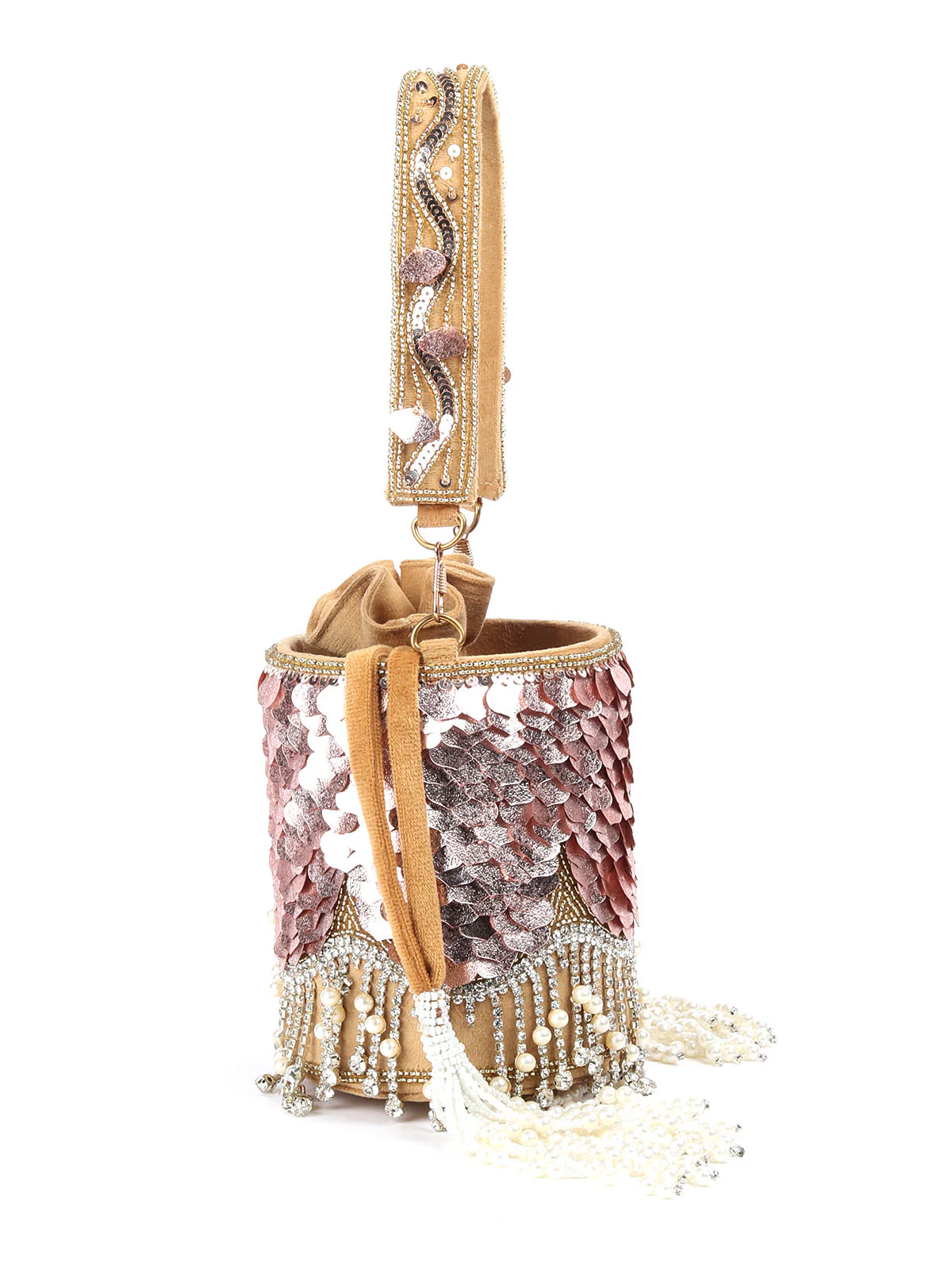 Odette Pink Structured Potli Bag with Tassels For Women - Image 6