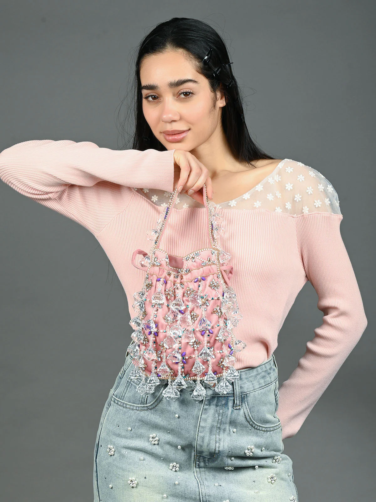 Odette Pink Suede Embellished Potli For Women