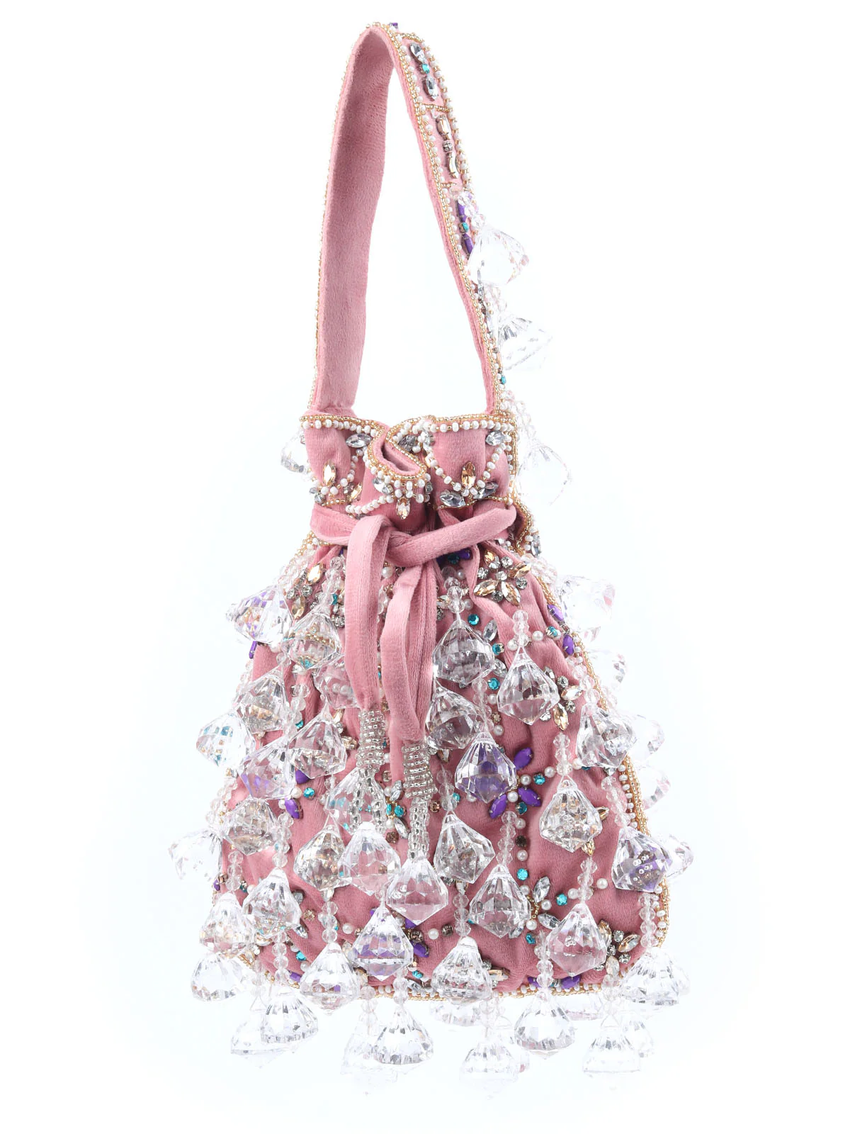 Odette Pink Suede Embellished Potli For Women - Image 3