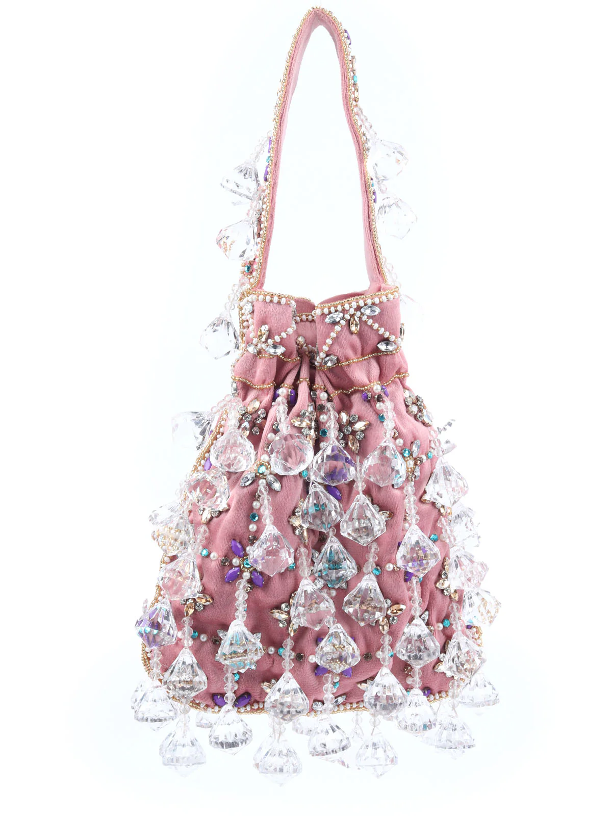 Odette Pink Suede Embellished Potli For Women - Image 5