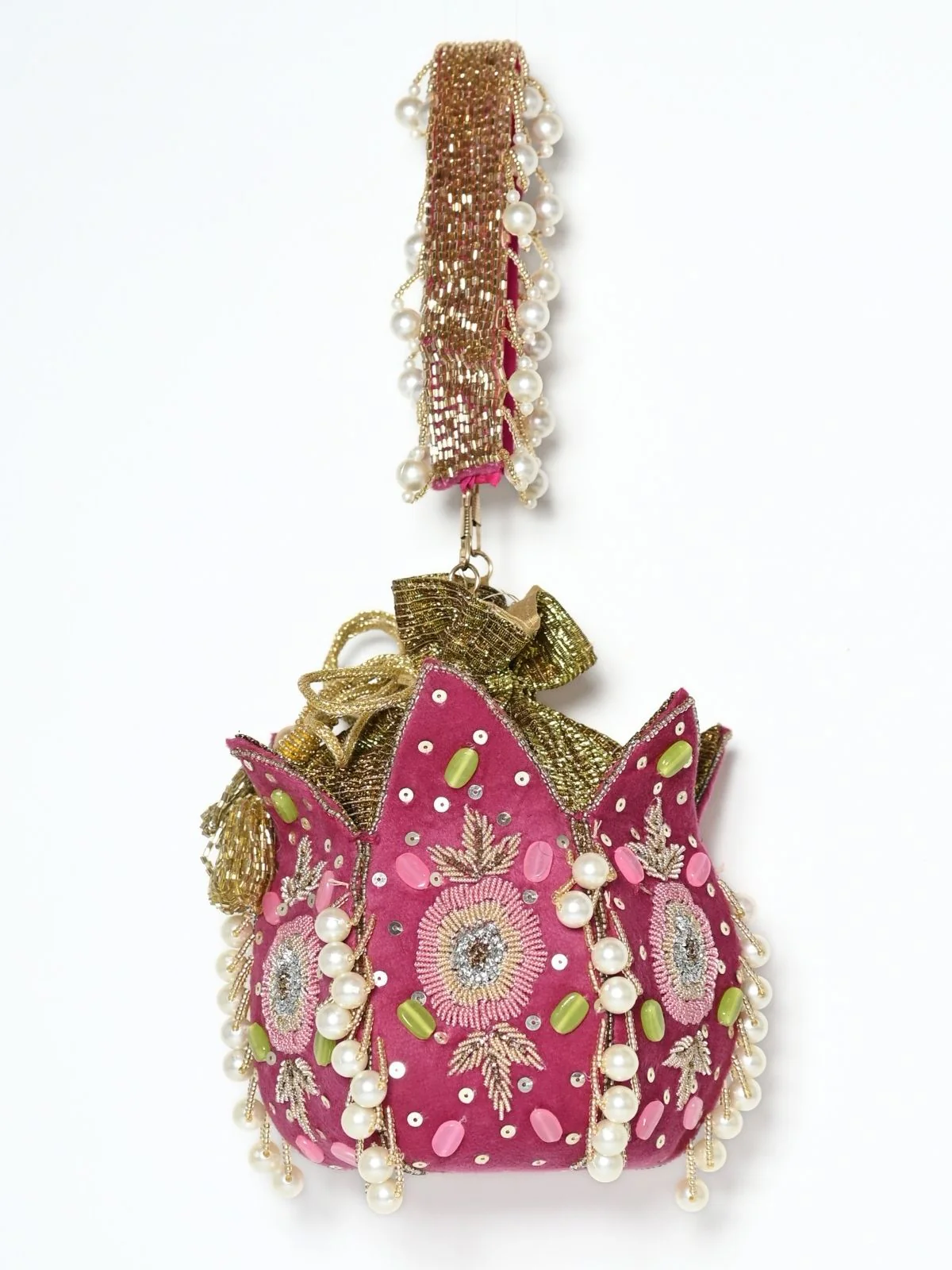 Odette Pink Suede Embroidered Lotus Potli For Women - Image 3