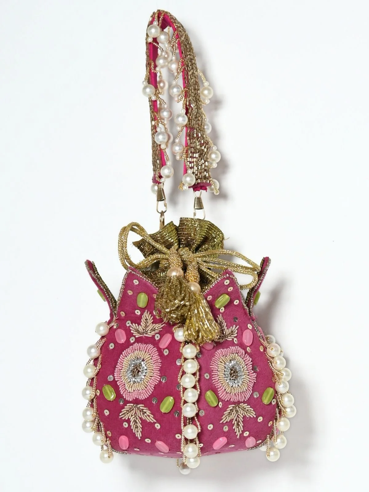 Odette Pink Suede Embroidered Lotus Potli For Women - Image 4