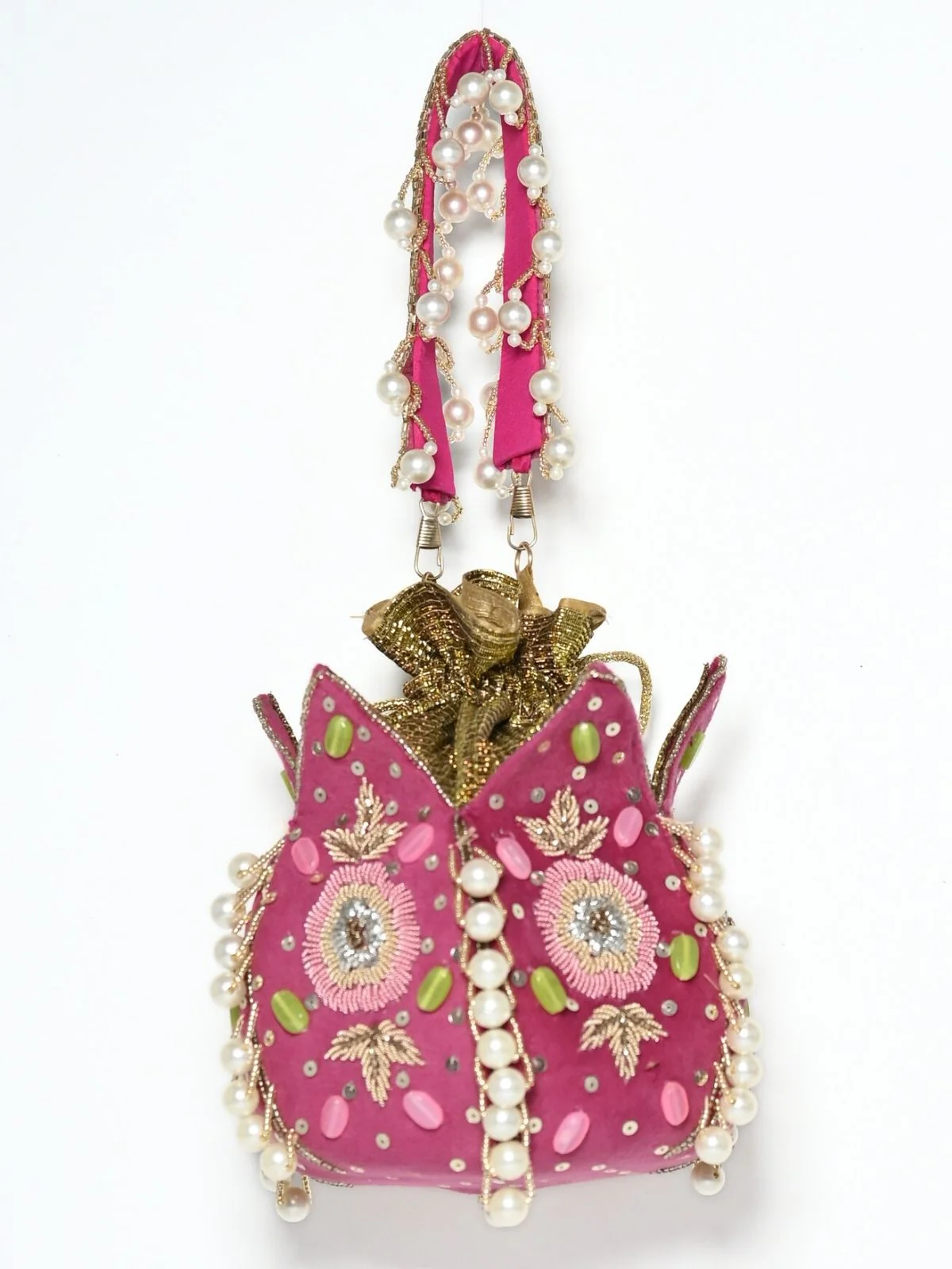 Odette Pink Suede Embroidered Lotus Potli For Women - Image 5