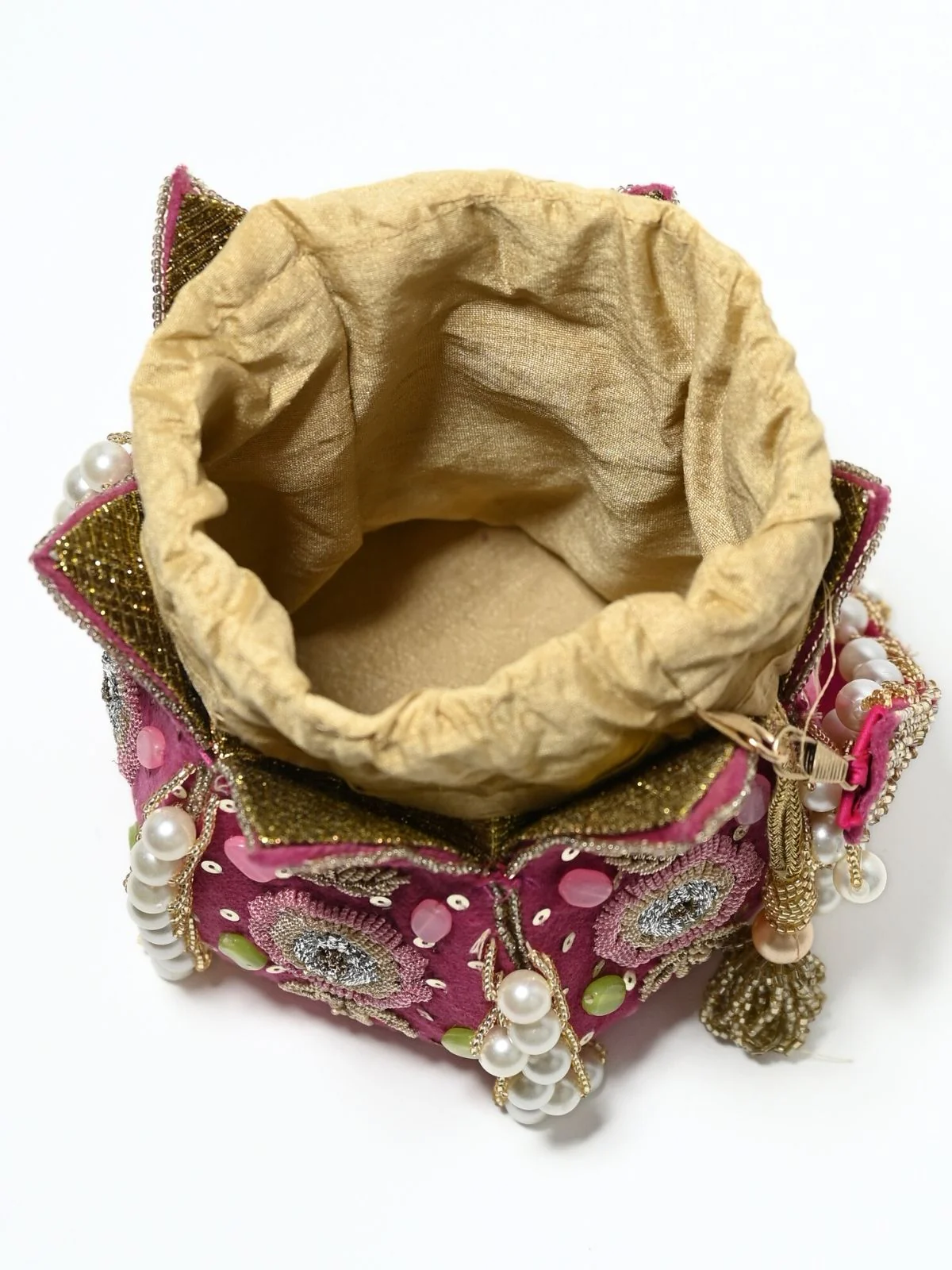 Odette Pink Suede Embroidered Lotus Potli For Women - Image 7