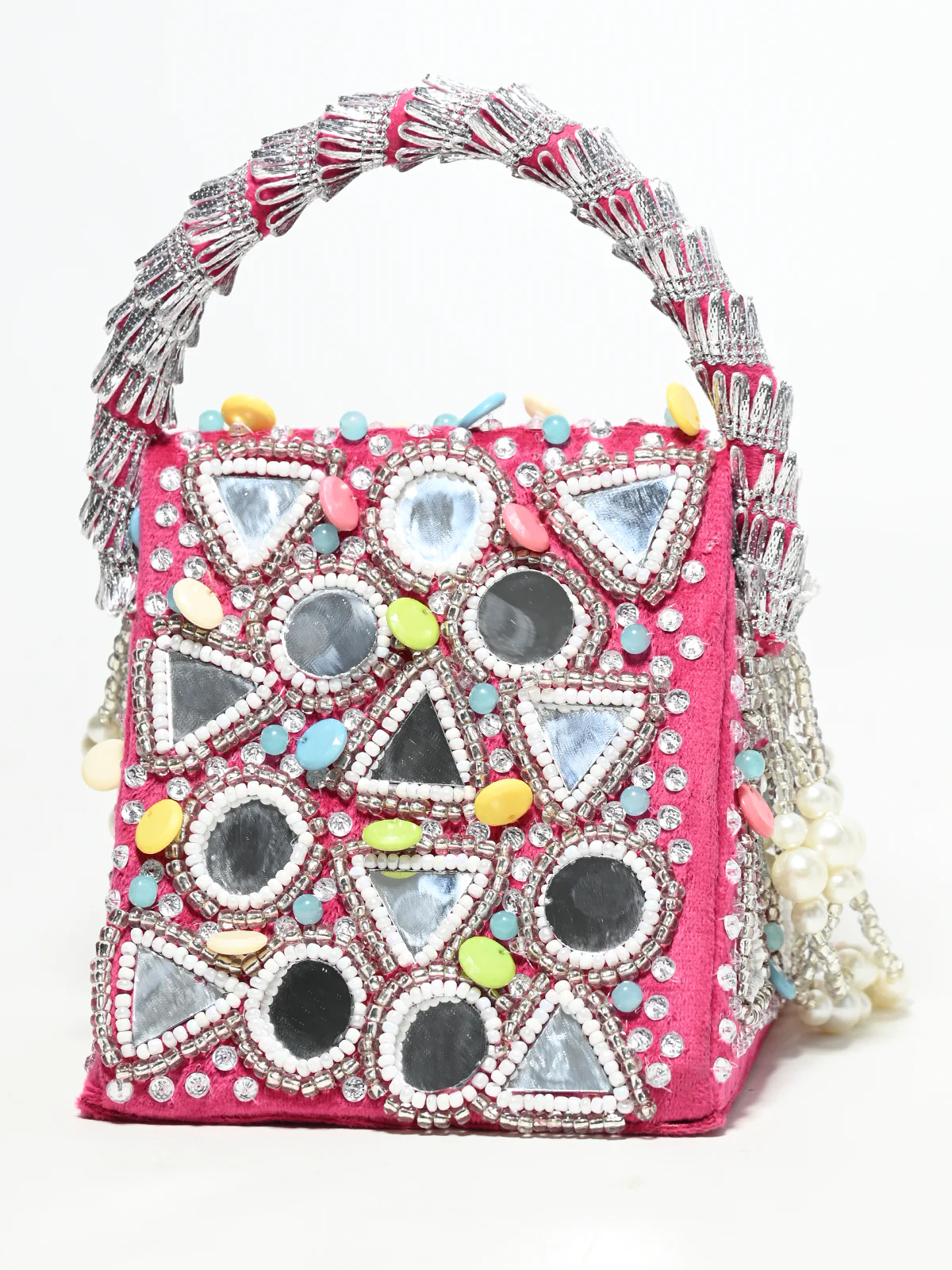 Odette Pink Suede Pearl And Mirror Embellished Clutch For Women - Image 3