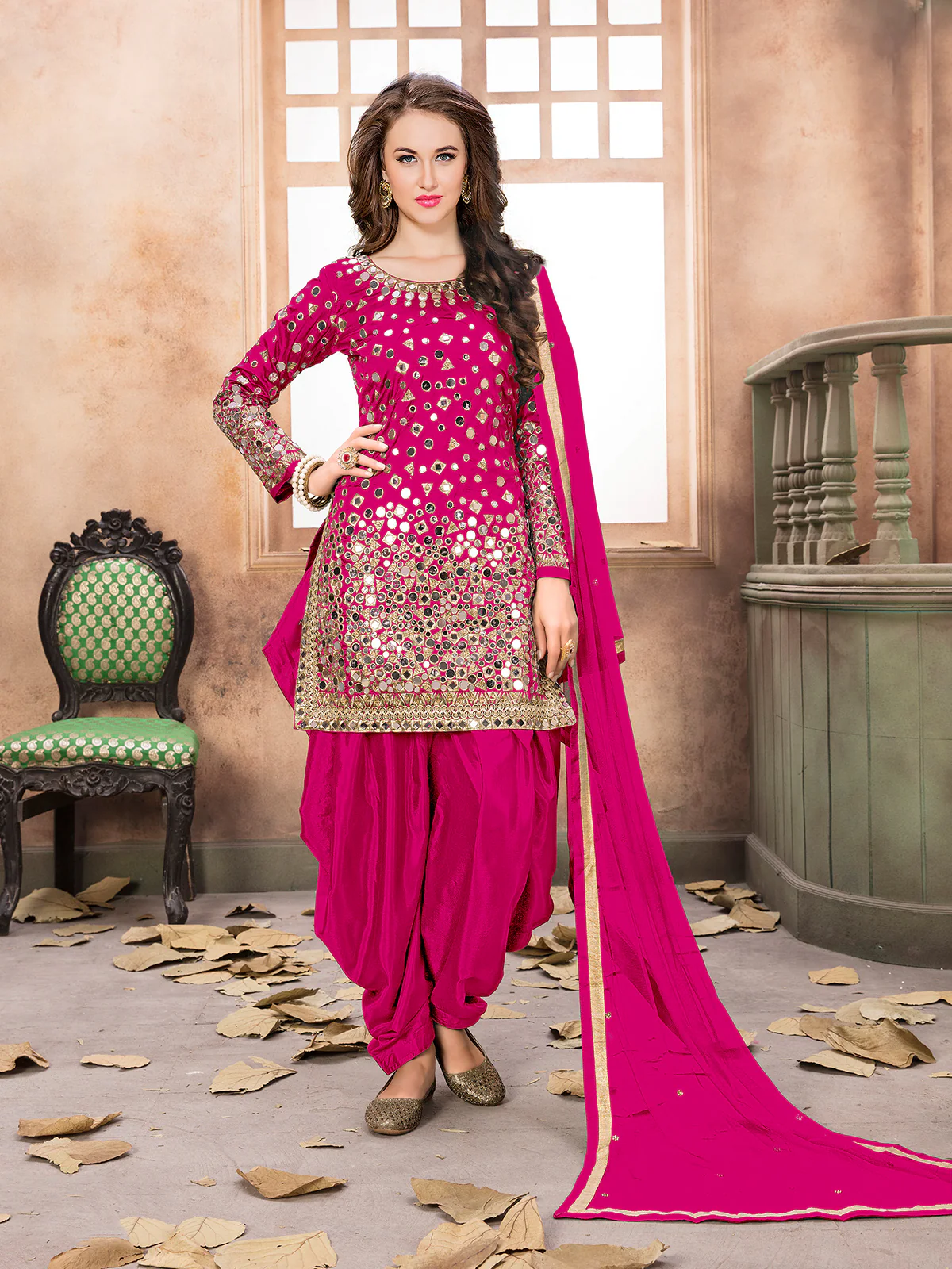 Odette Pink Tafeta Embellished Semi stitched Kurta Set For Women