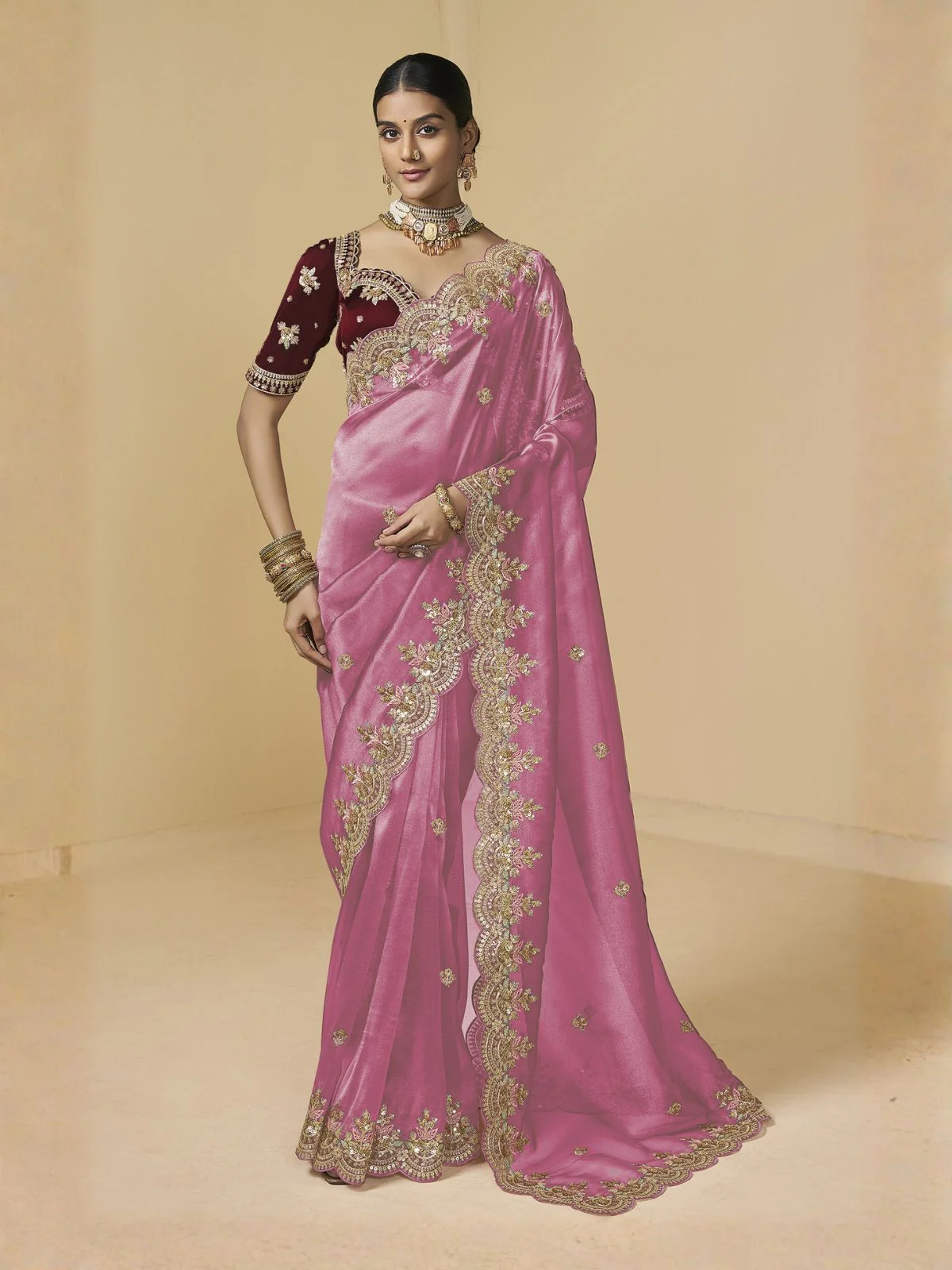 Odette Pink Tissue Embellished Saree For Women - Image 2