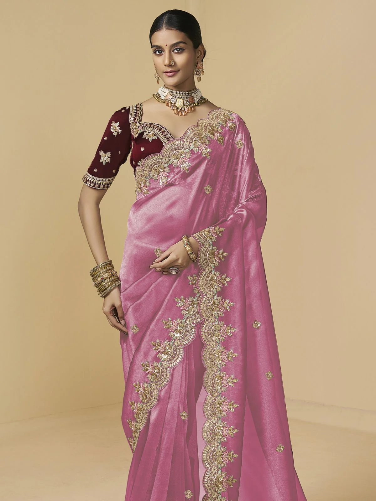 Odette Pink Tissue Embellished Saree For Women - Image 3