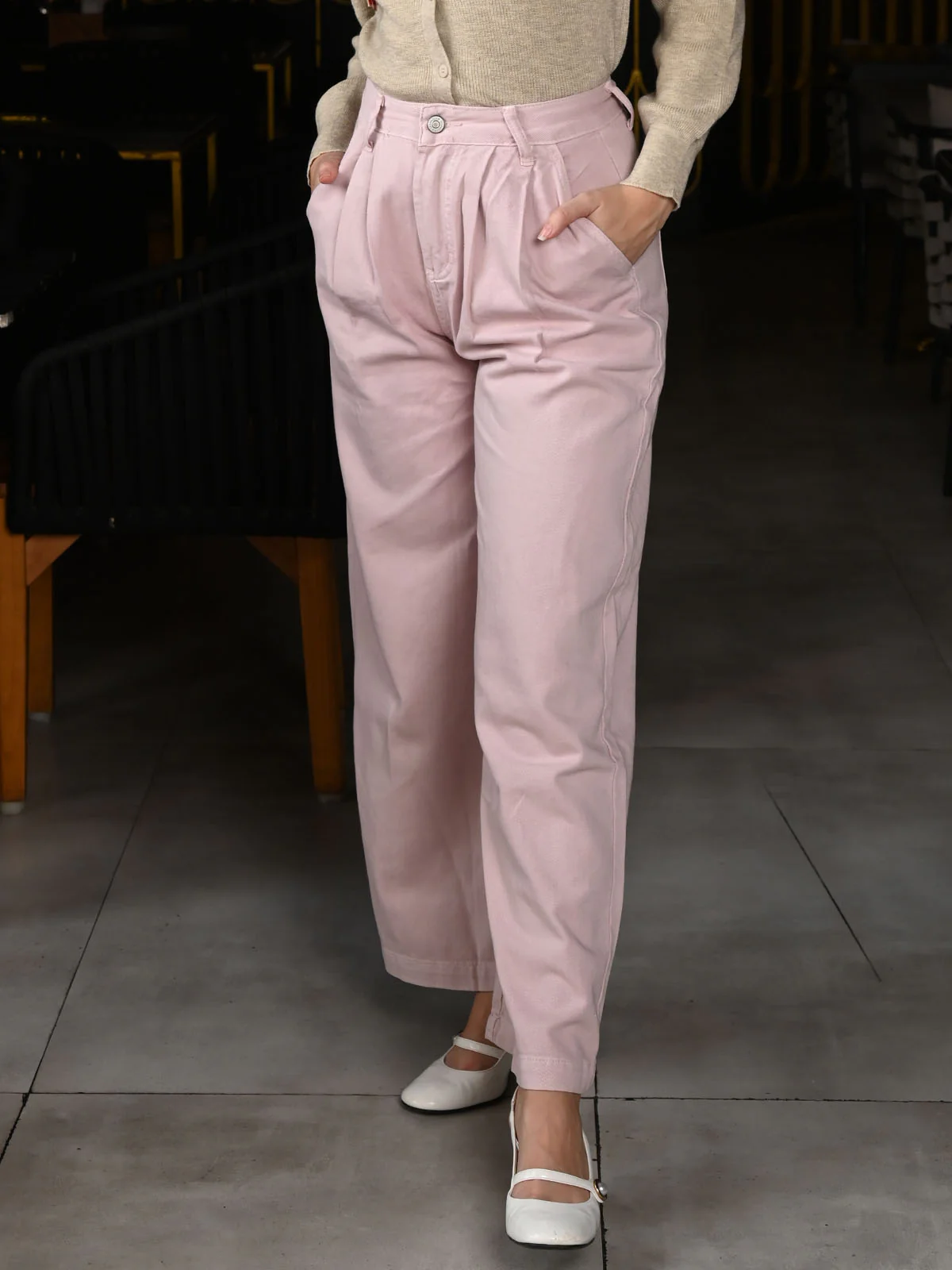 Odette Pink Twill Solid Trouser For Women - Image 2