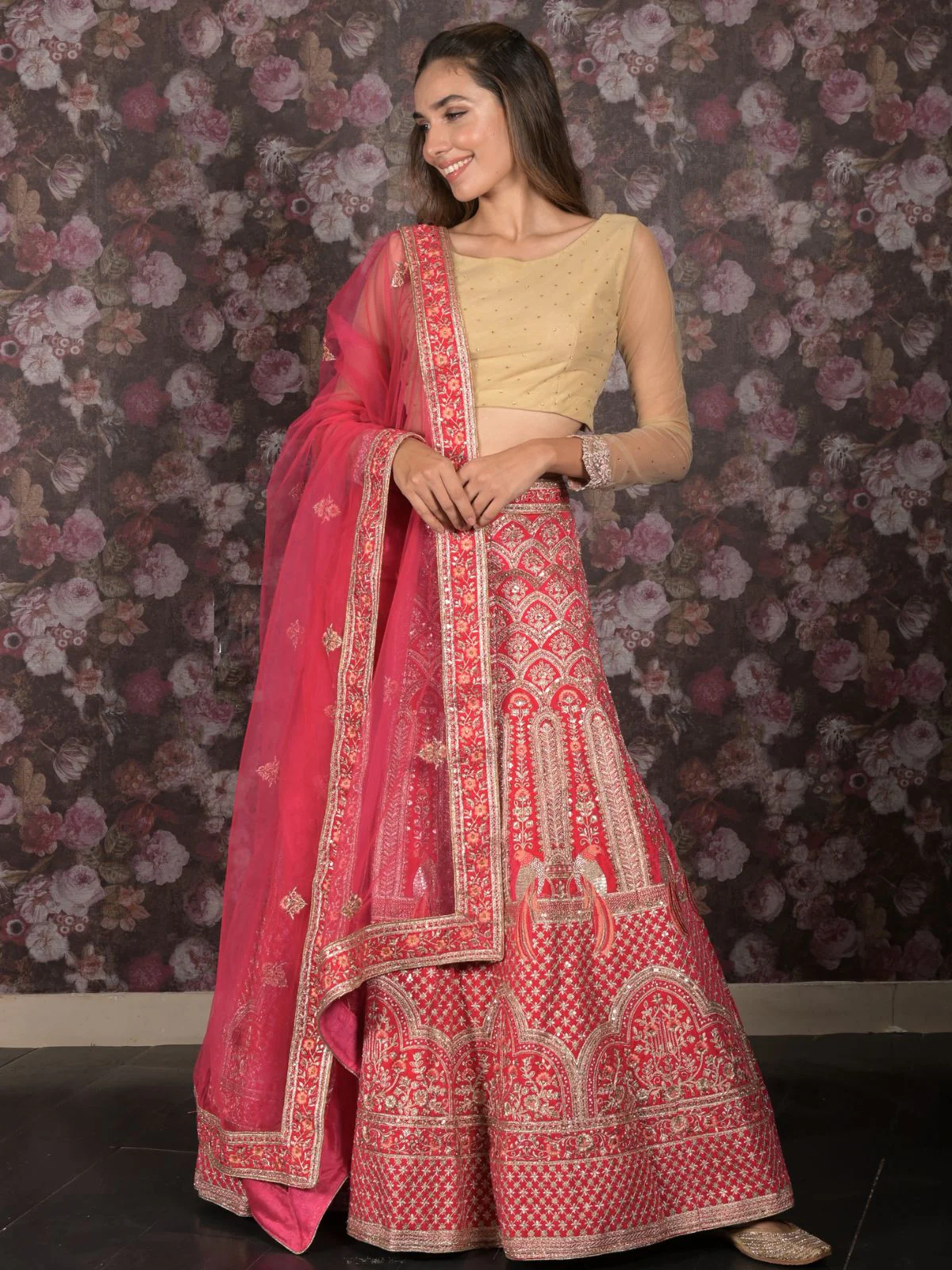 Odette Pink Velvet Embroidered Semi Stitched Lehenga With Unstitched Blouse For Women - Image 2