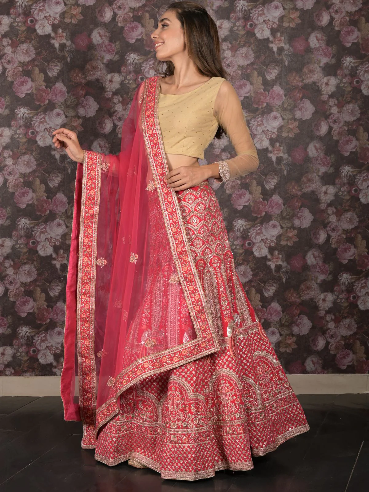Odette Pink Velvet Embroidered Semi Stitched Lehenga With Unstitched Blouse For Women - Image 3