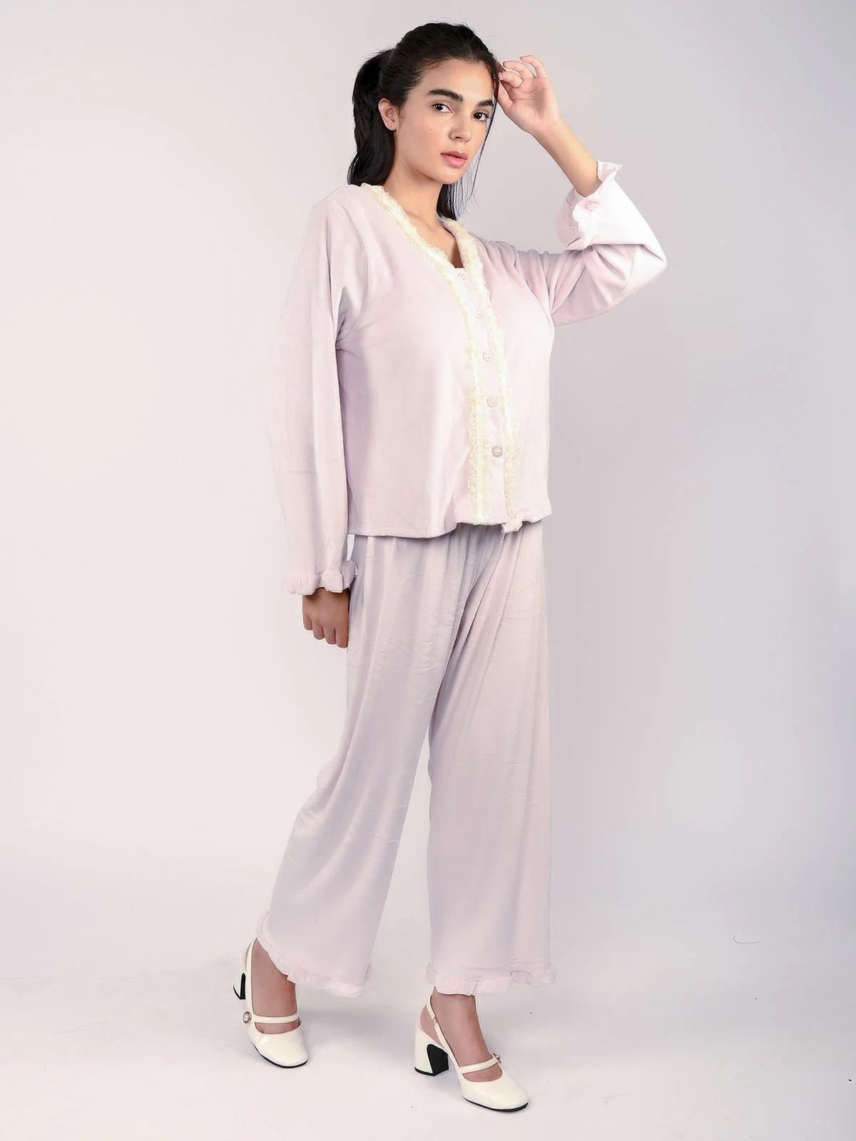 Odette Pink Velvet Solid Night Wear Set For Women