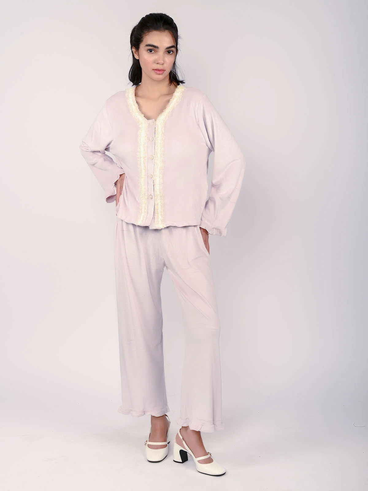 Odette Pink Velvet Solid Night Wear Set For Women - Image 3