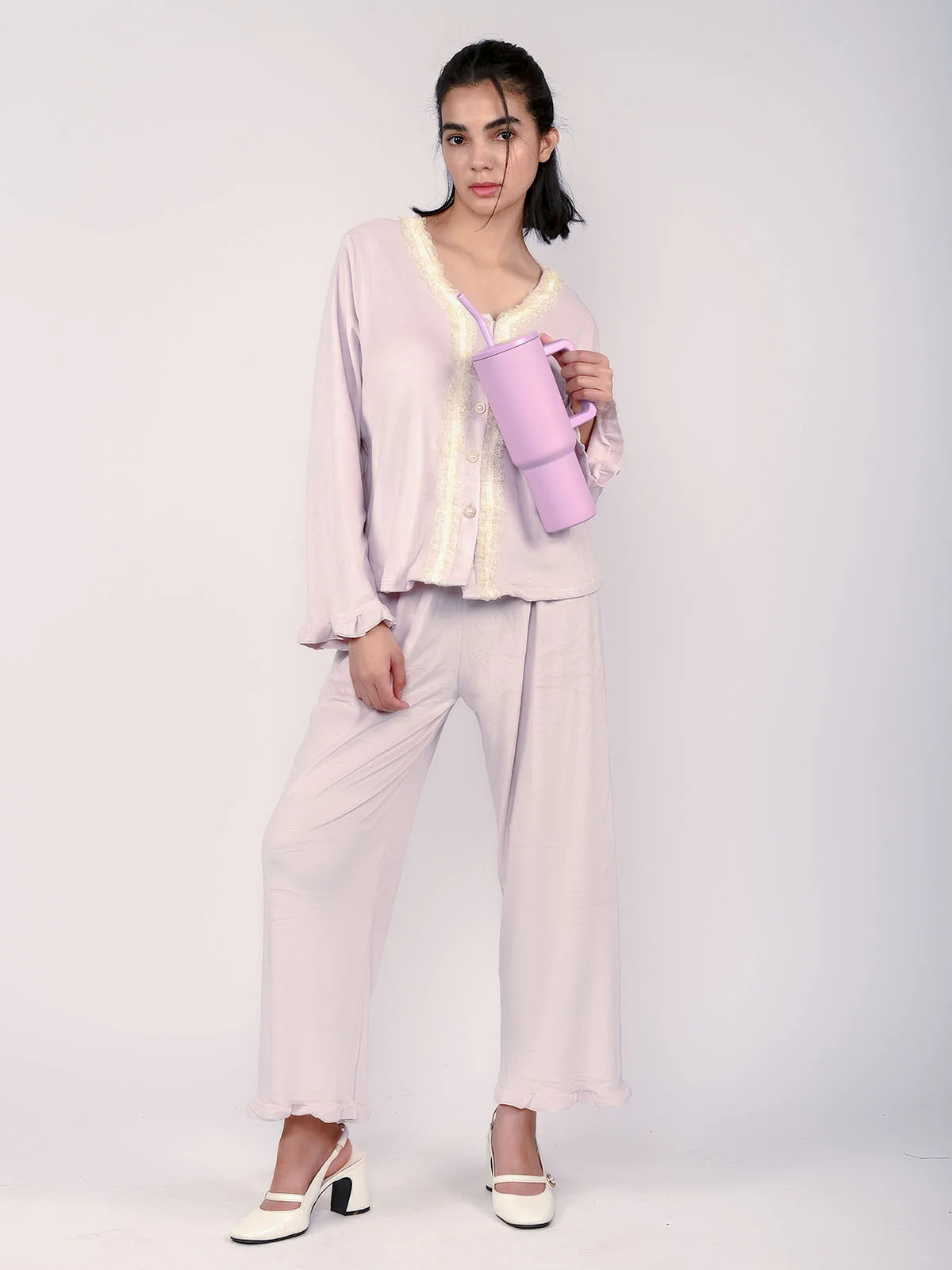 Odette Pink Velvet Solid Night Wear Set For Women - Image 4
