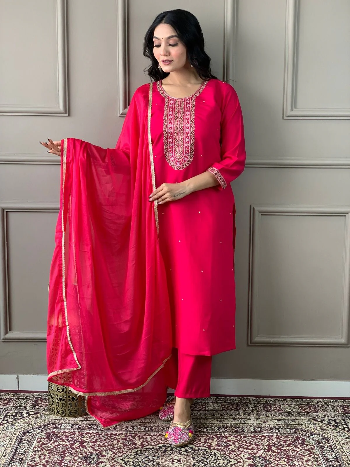 Odette Pink Viscose chanderi Embroidered Stitched Kurta Set For Women