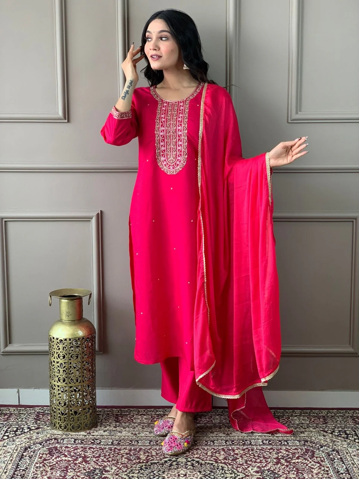 Odette Pink Viscose chanderi Embroidered Stitched Kurta Set For Women - Image 2