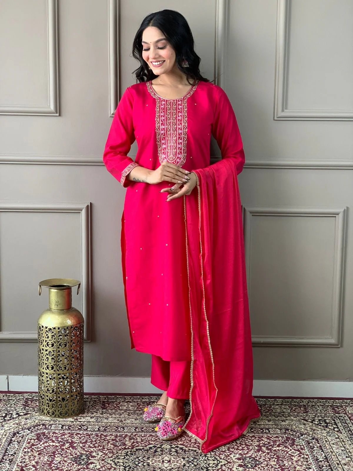 Odette Pink Viscose chanderi Embroidered Stitched Kurta Set For Women - Image 3