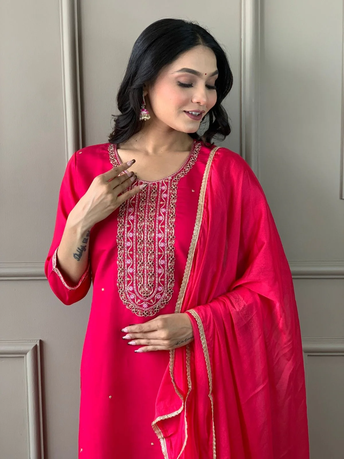 Odette Pink Viscose chanderi Embroidered Stitched Kurta Set For Women - Image 5