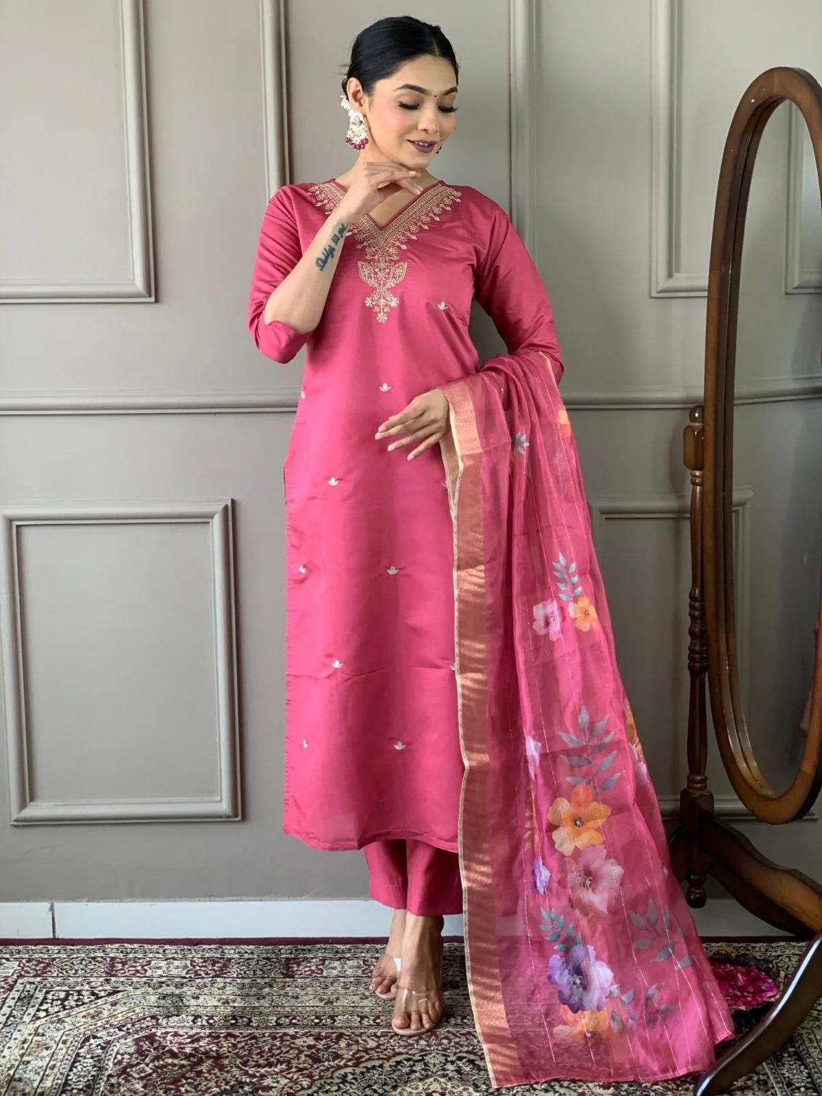 Odette Pink Viscose chanderi Embroidered Stitched Kurta Set For Women - Image 2