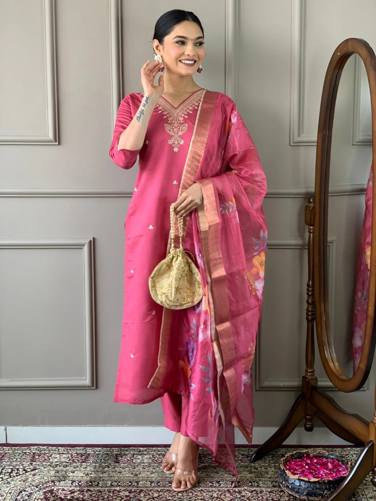 Odette Pink Viscose chanderi Embroidered Stitched Kurta Set For Women - Image 3