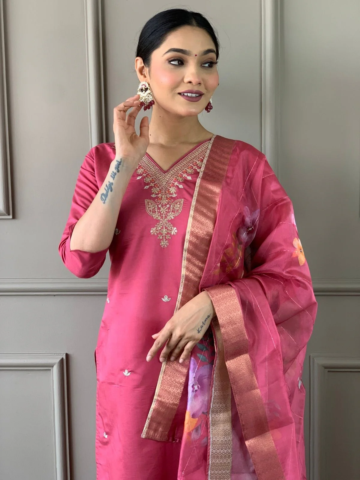 Odette Pink Viscose chanderi Embroidered Stitched Kurta Set For Women - Image 4